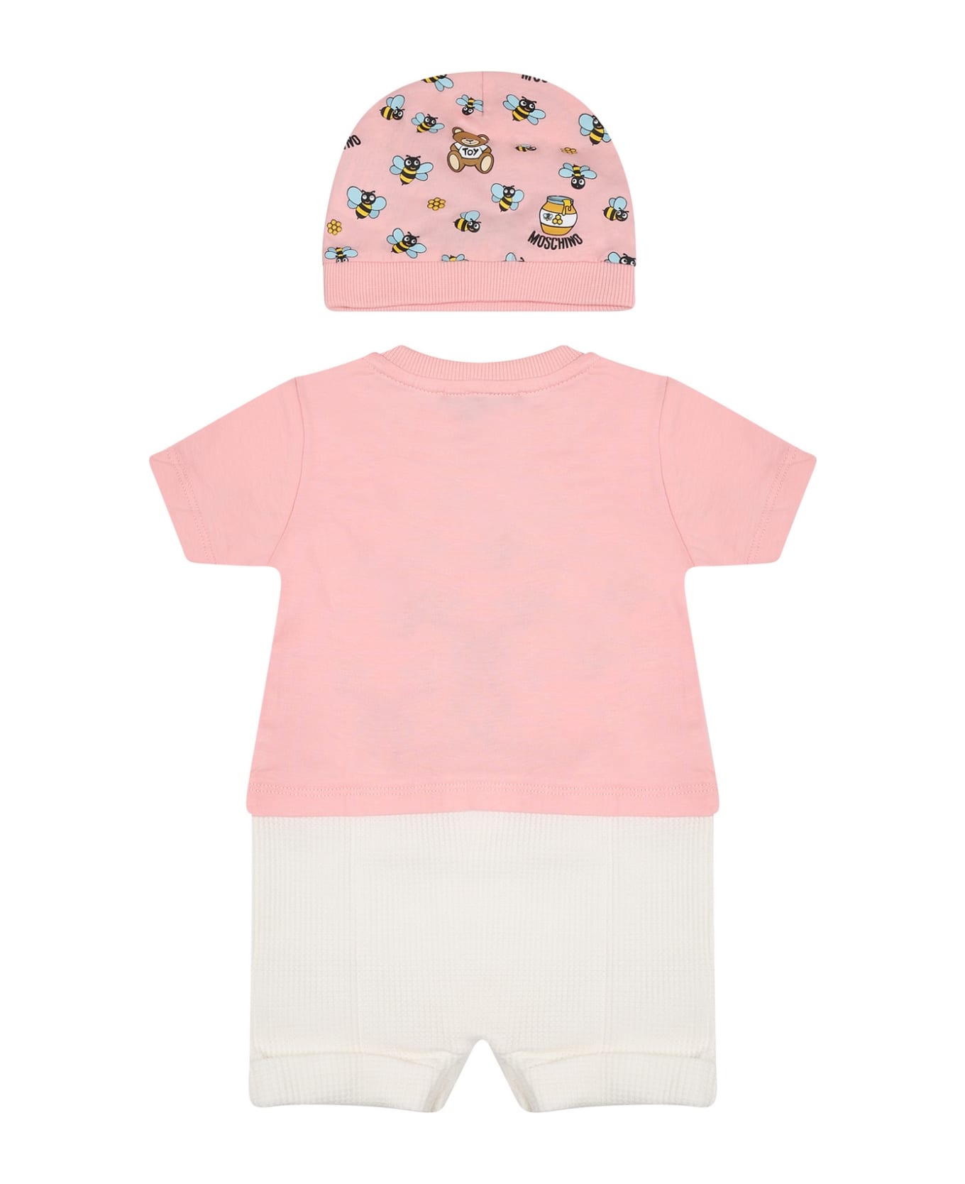 Moschino Pink Set For Baby Girl With Teeddy Bear And Logo - Pink ボディスーツ＆セットアップ