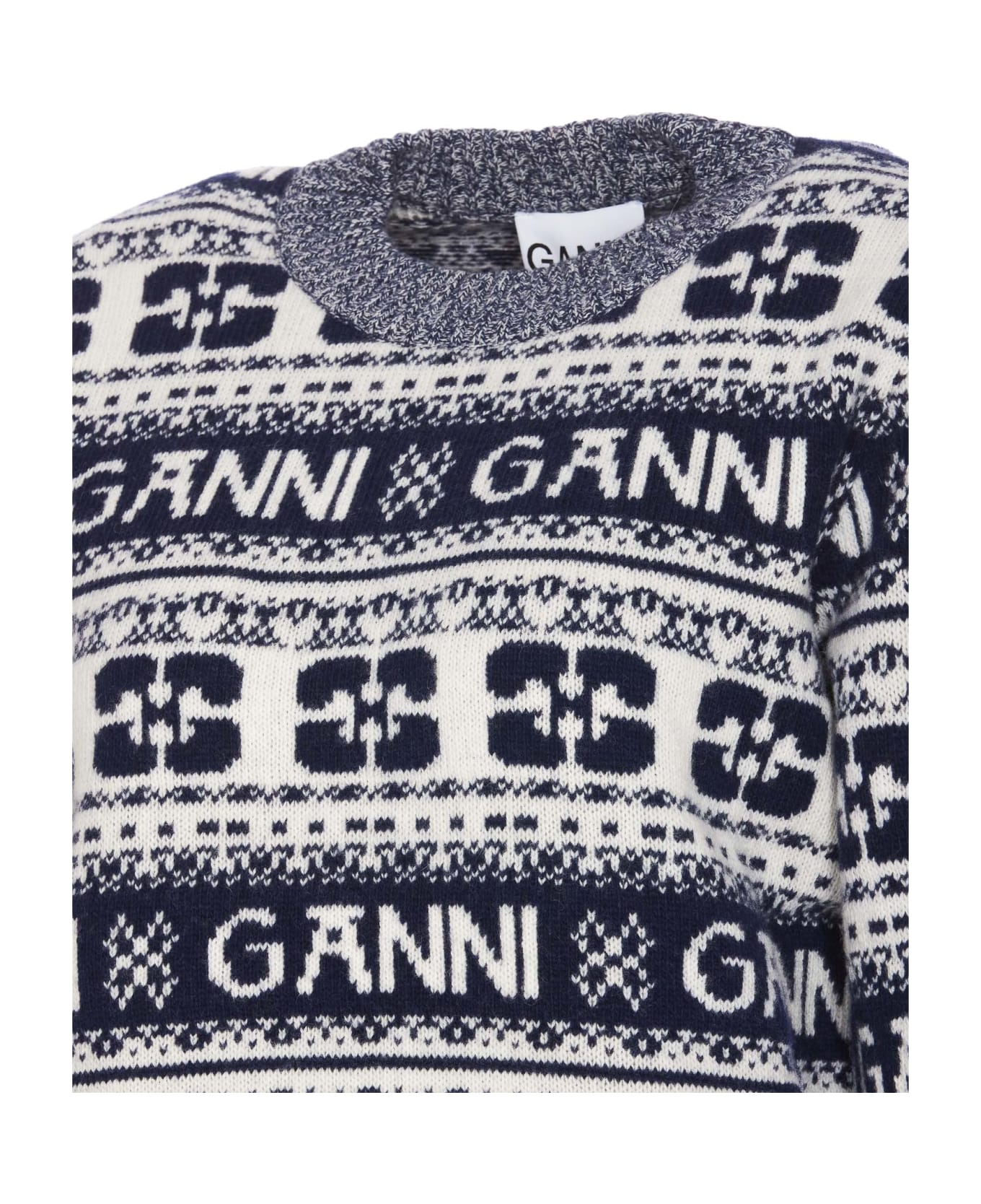 Ganni Logo Wool Mix O-neck Sweater - Blue ニットウェア