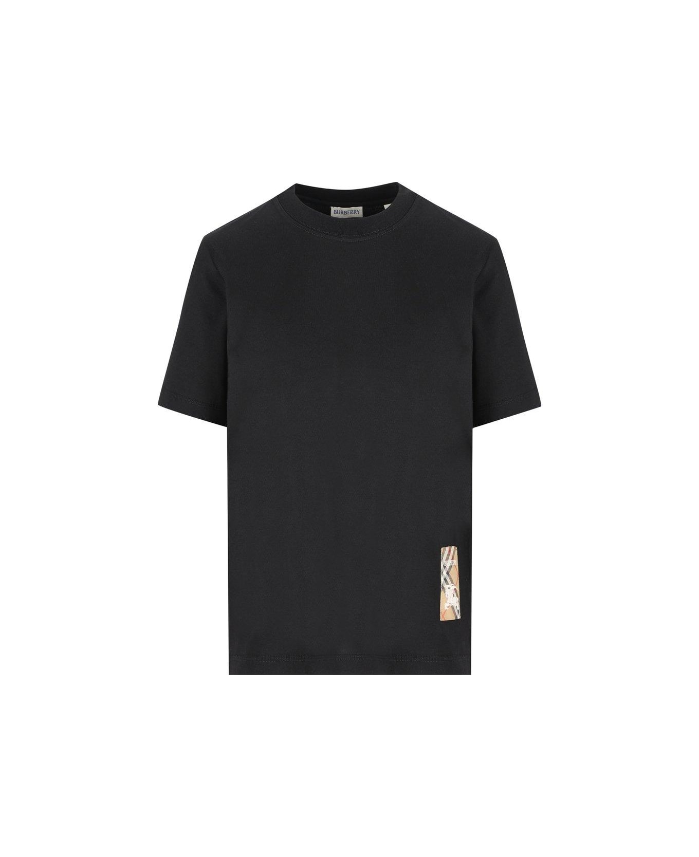 Burberry Checked Patch Crewneck T-shirt - BLACK