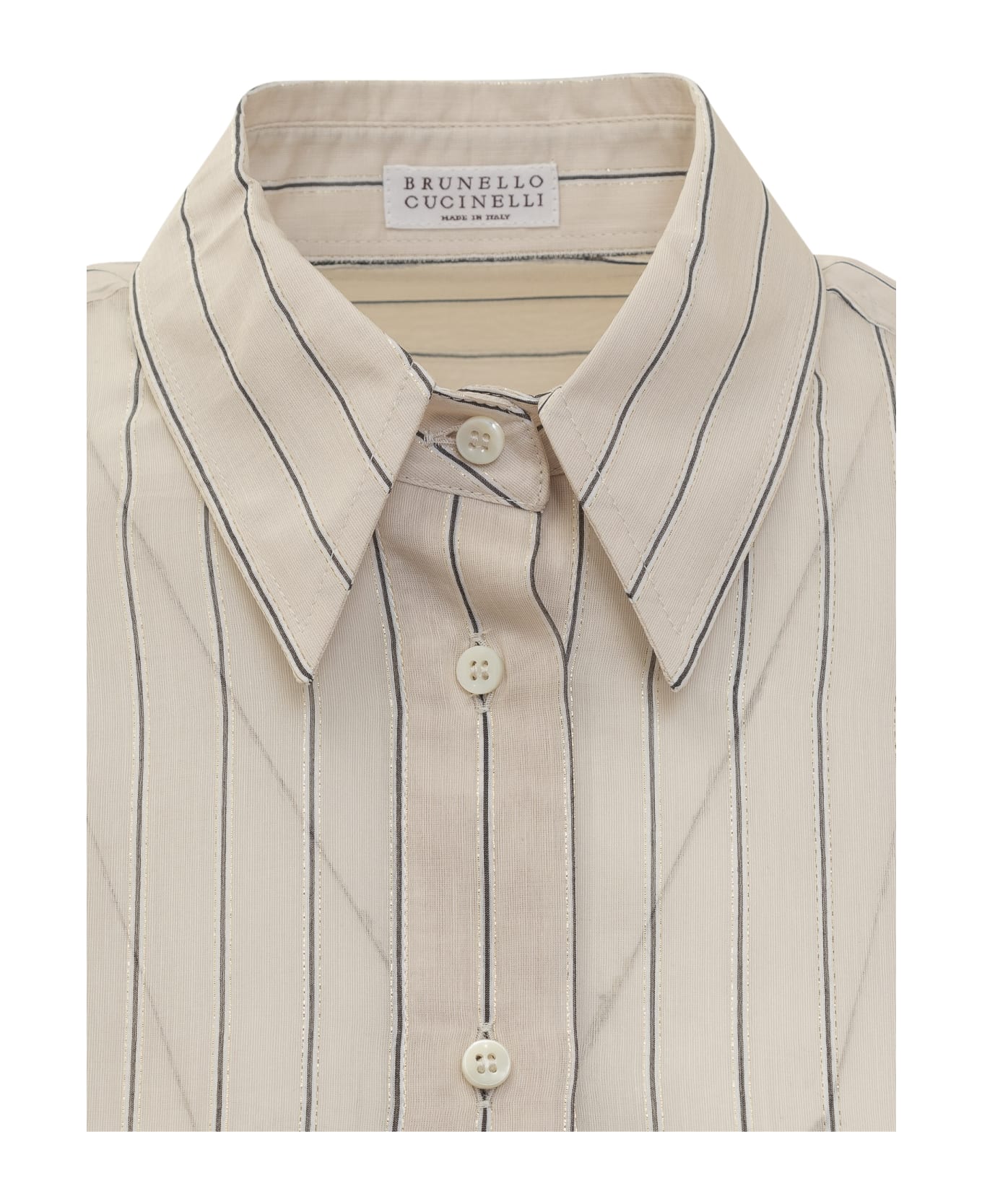 Brunello Cucinelli Cotton And Silk Sparkling Stripe Poplin Shirt With Monile - SALGEMMA/BIANCO/NERO