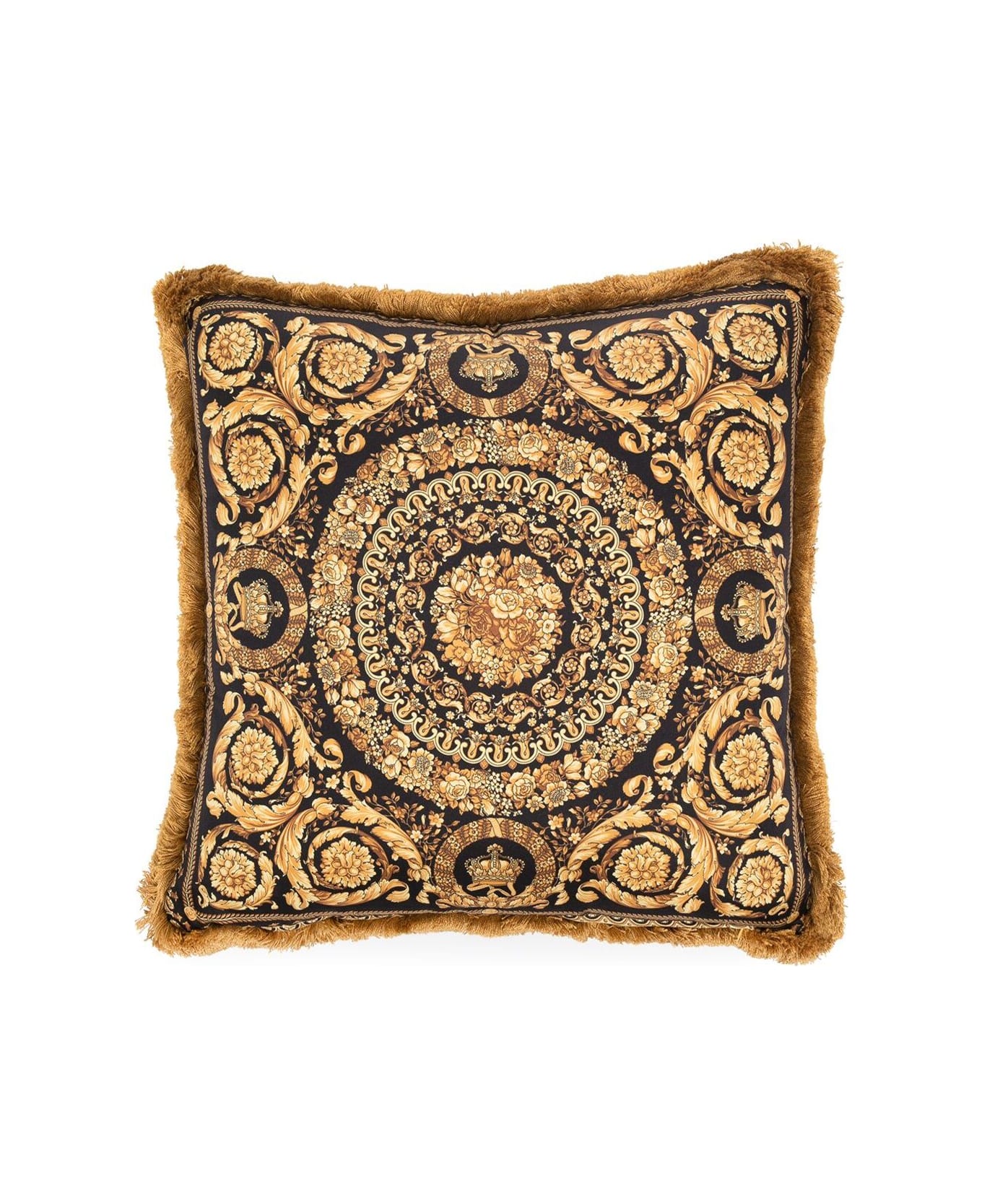 Versace Gold, Black And White Pillow  In Silk And Synthetic Fibers With Baroque Print - Brown