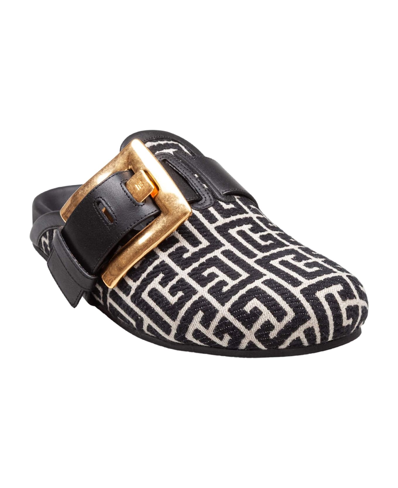 Balmain Flat Mule In Jacquard Canvas Black And Ivory - BLACK/IVORY