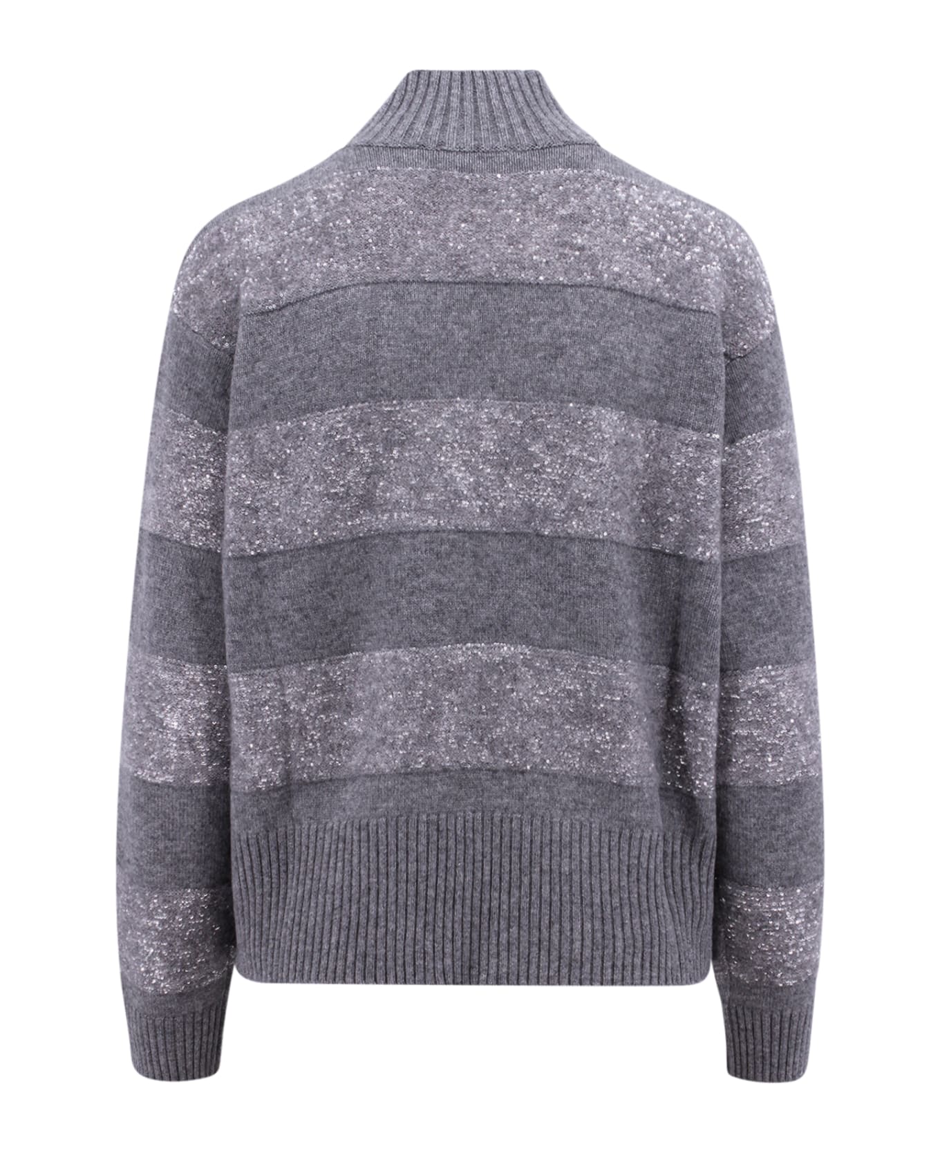 Brunello Cucinelli Long-sleeved Turtleneck Sweater In Fine Wool, Cashmere And Silk With Striped Pattern With Exclusive Micro Sequin Details - Grey
