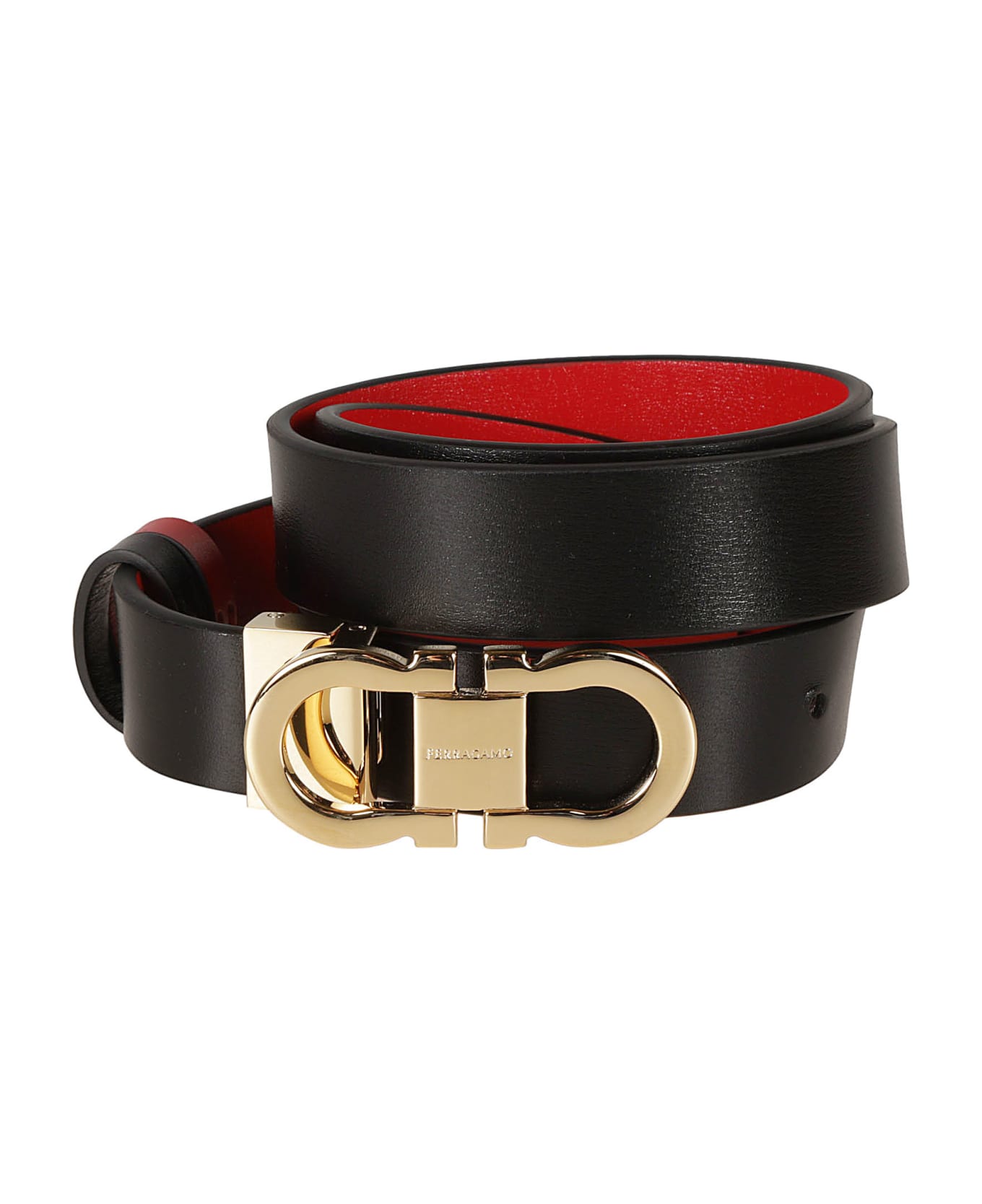 Ferragamo Double Gancini Buckled Belt - Black/Flame Red ベルト