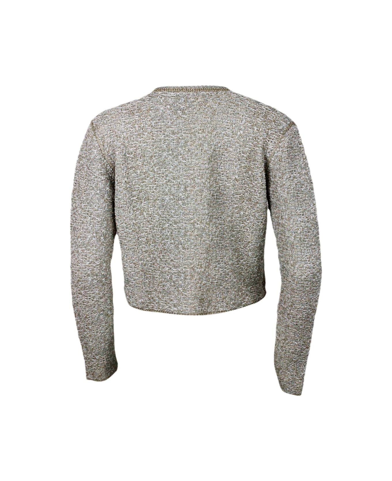 Fabiana Filippi Chanel-style Jacket Sweater Open On The Front And With Hook Closure Embellished With Bright Lurex Threads - Grigio Chiaro/Bianco/Oro