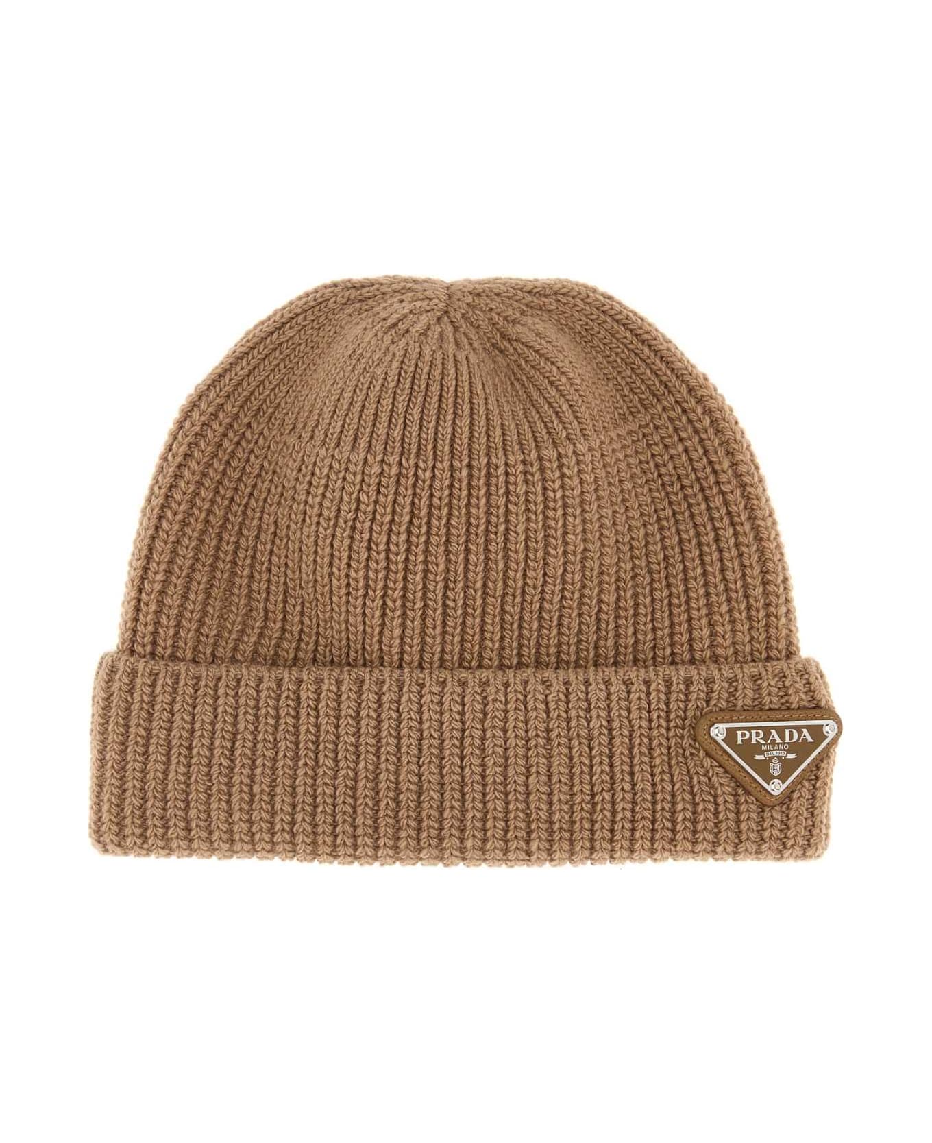 Prada Camel Wool Blend Beanie Hat - CAMMELLO