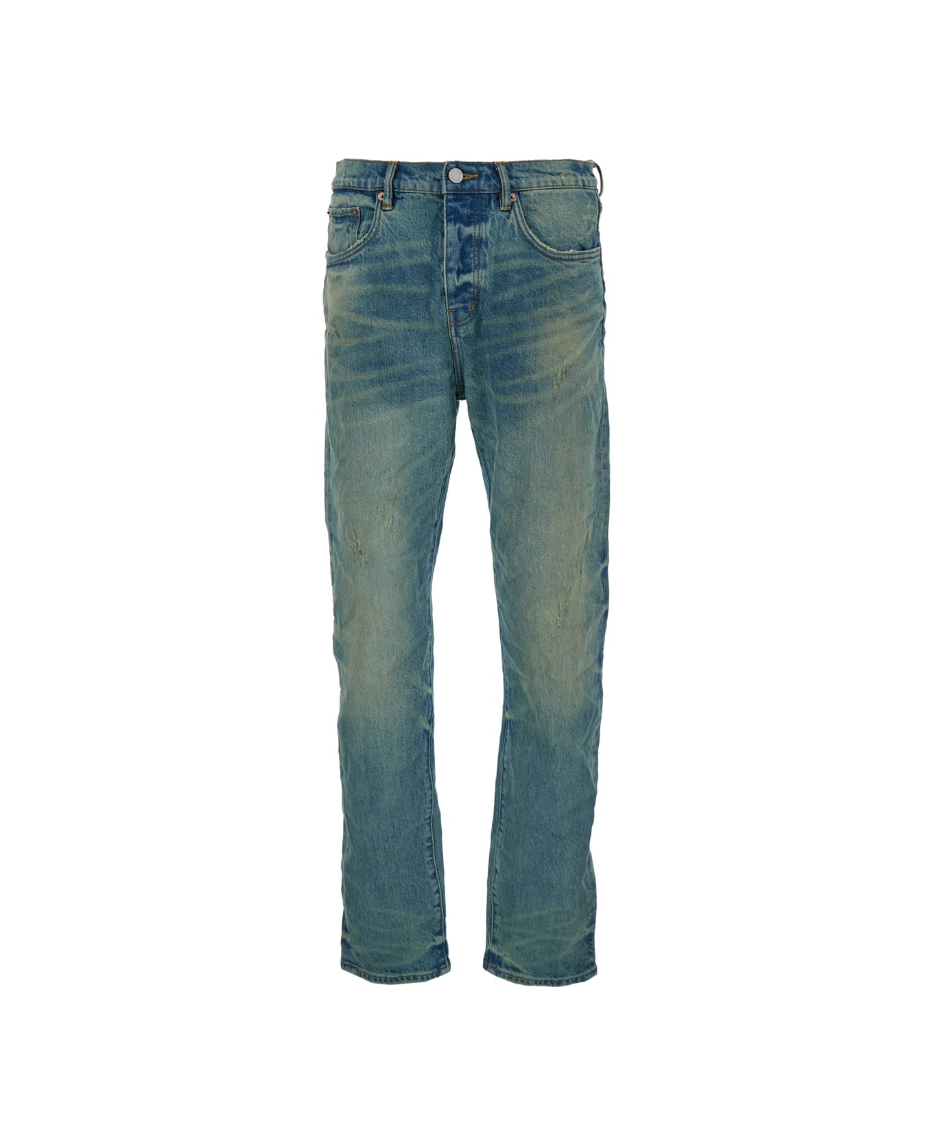 Purple Brand Light Blue Straight Jeans With Crinkled Effect In Stretch Cotton Denim Man - Light blue