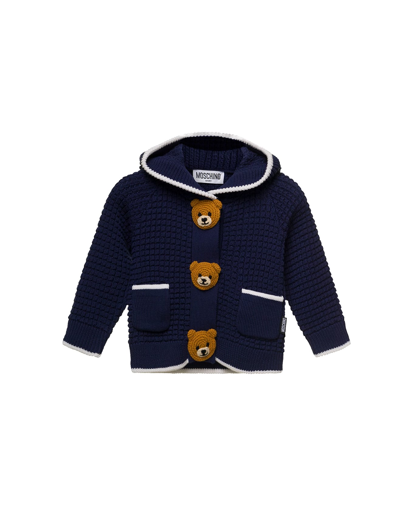 Moschino Blue Knitted Cardigan With Contrasting Trim And Teddy Bear Details In Cotton Baby - Blu
