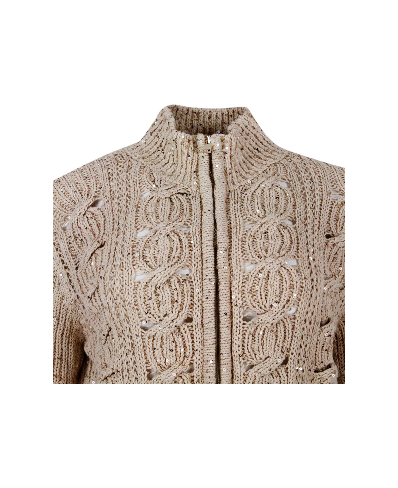 Lorena Antoniazzi Long-sleeved Full-zip Cardigan Sweater In Cotton Thread With Braided Work Embellished With Applied Microsequins - Gold