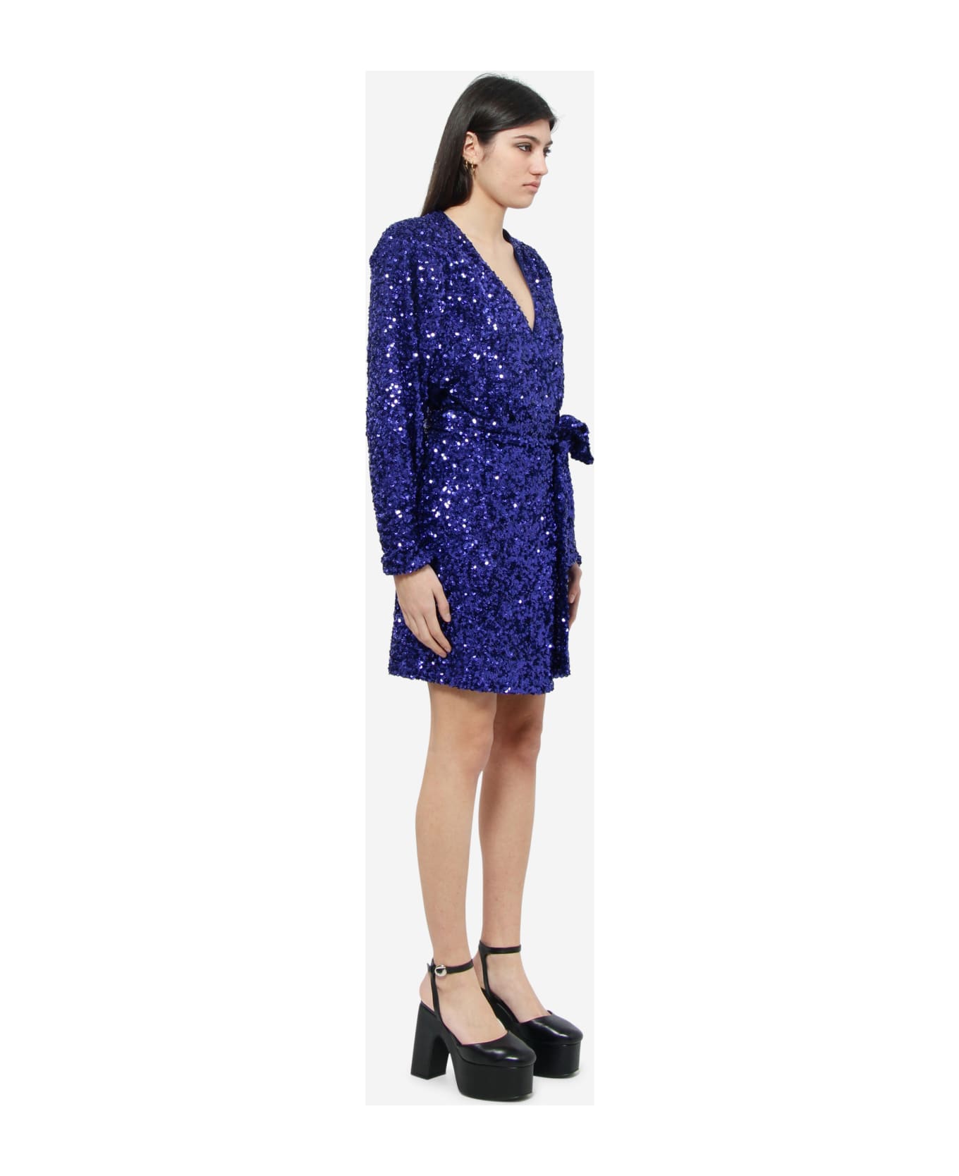 Rotate by Birger Christensen Mini Blue Wrap Dress With All-over Sequins In Stretch Polyester Woman Rotate - blue