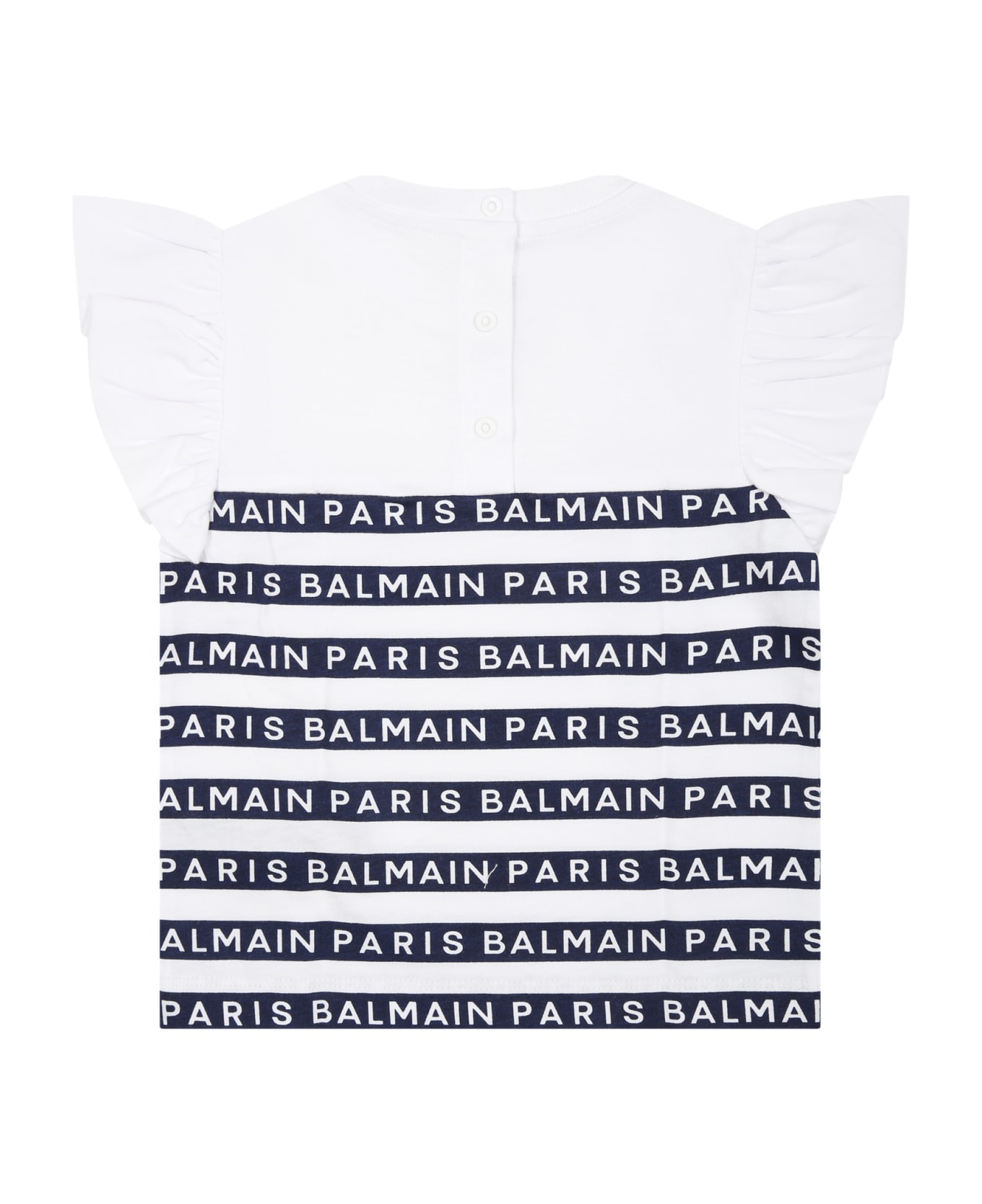 Balmain White T-shirt For Baby Girl With Blue Stripes - White