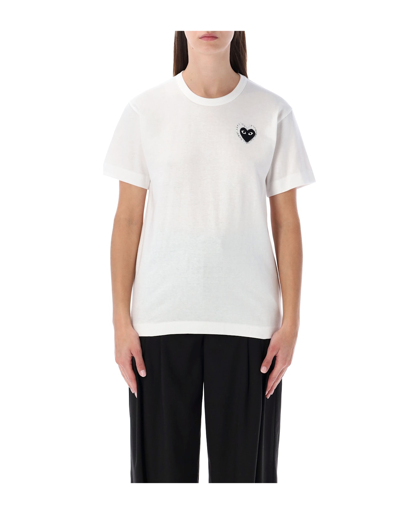 Comme des Garçons Play White Cotton T-shirt With Crystal Heart - WHITE/BLACK
