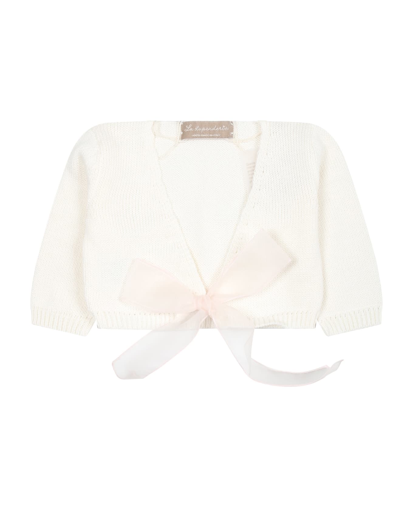 La stupenderia White Cardigan For Baby Girl With Pink Bow - White