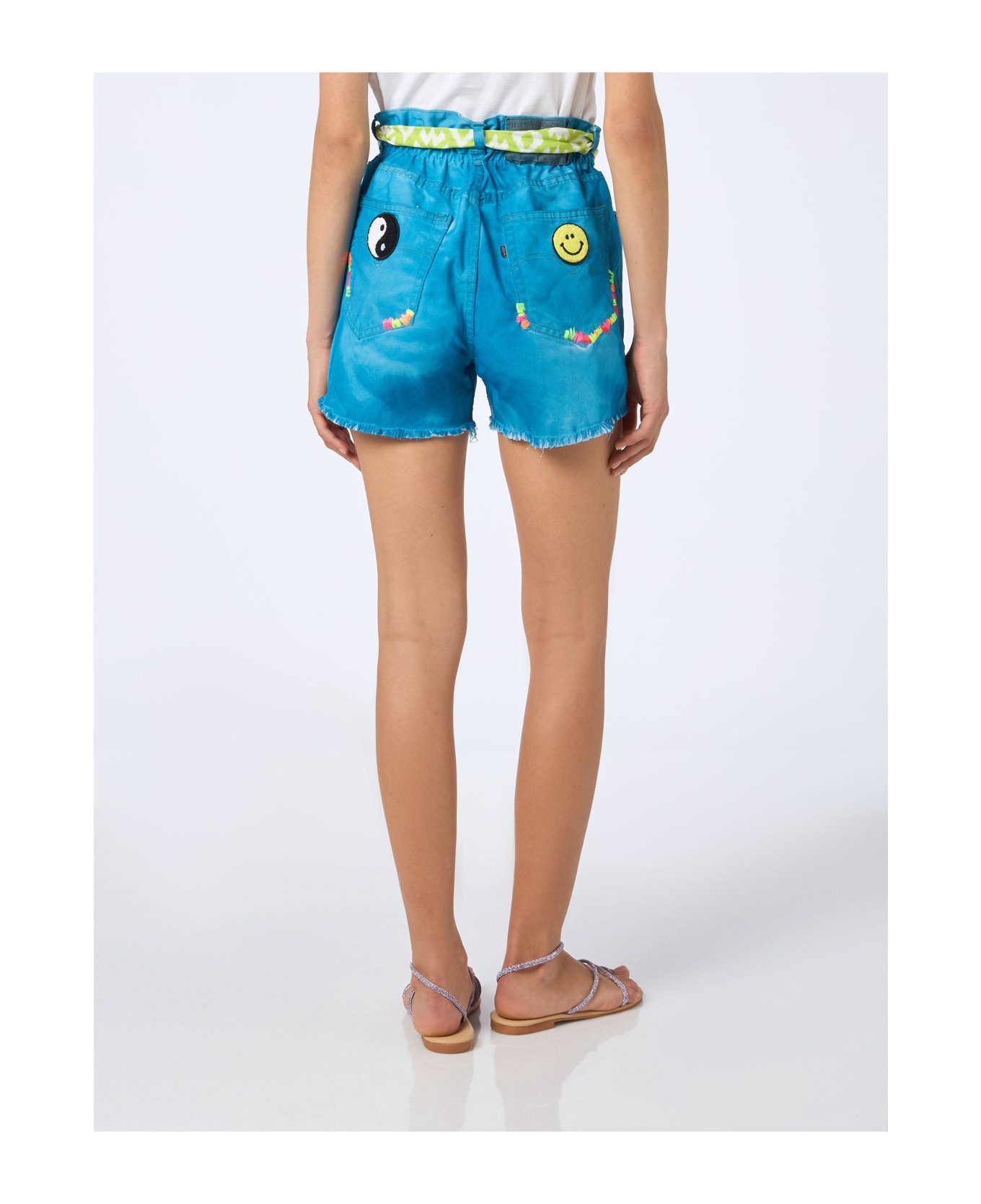 MC2 Saint Barth Woman Upcycled Turquoise Denim Shorts Arizona With Embroidery - BLUE