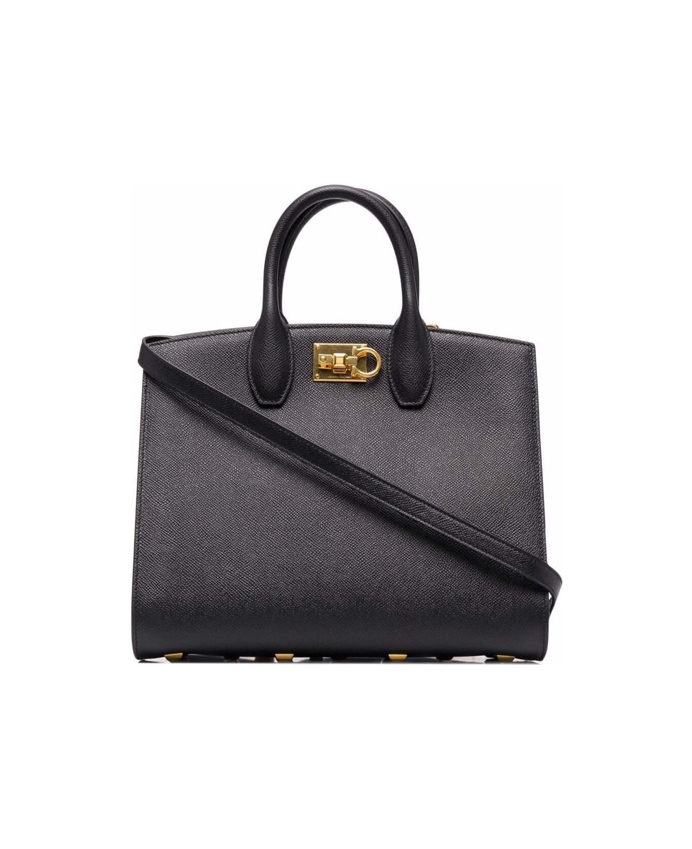 Ferragamo 'studio Box' Black Bag With Gancini Buckle And Shoulder Strap In Grained Leather Woman