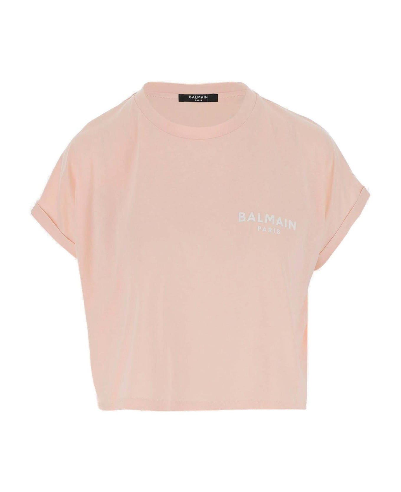 Balmain Logo Printed Short-sleeved Cropped T-shirt - Rosa/bianco