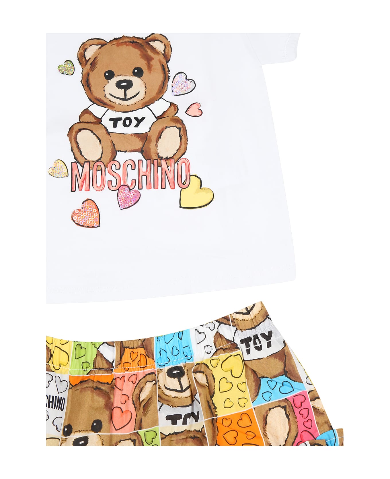 Moschino White Suit For Baby Girl With Teddy Bear And Hearts - Multicolor ボトムス