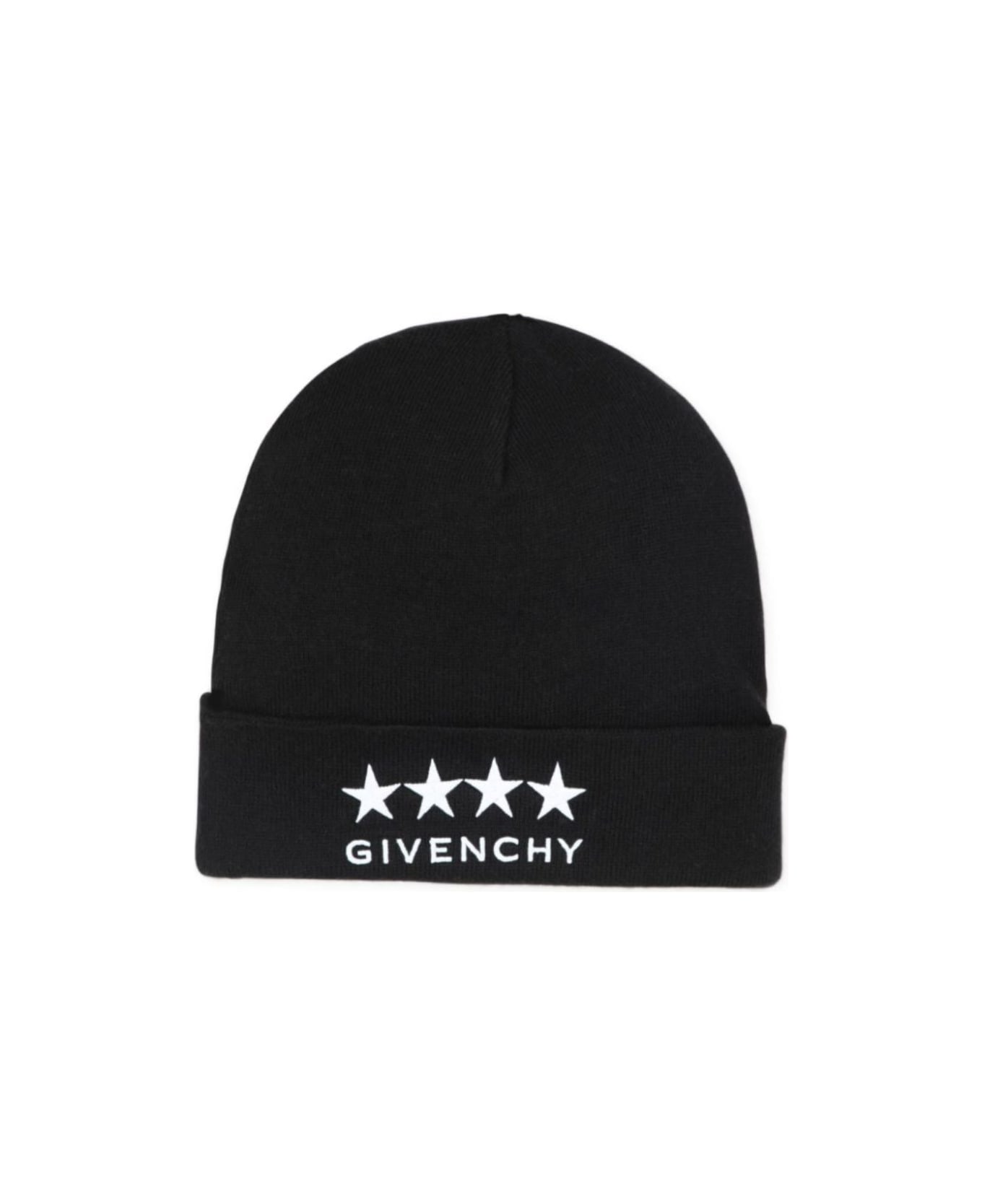 Givenchy Black Beanie With Logo And Stars In Cotton And Cashmere Boy - Black