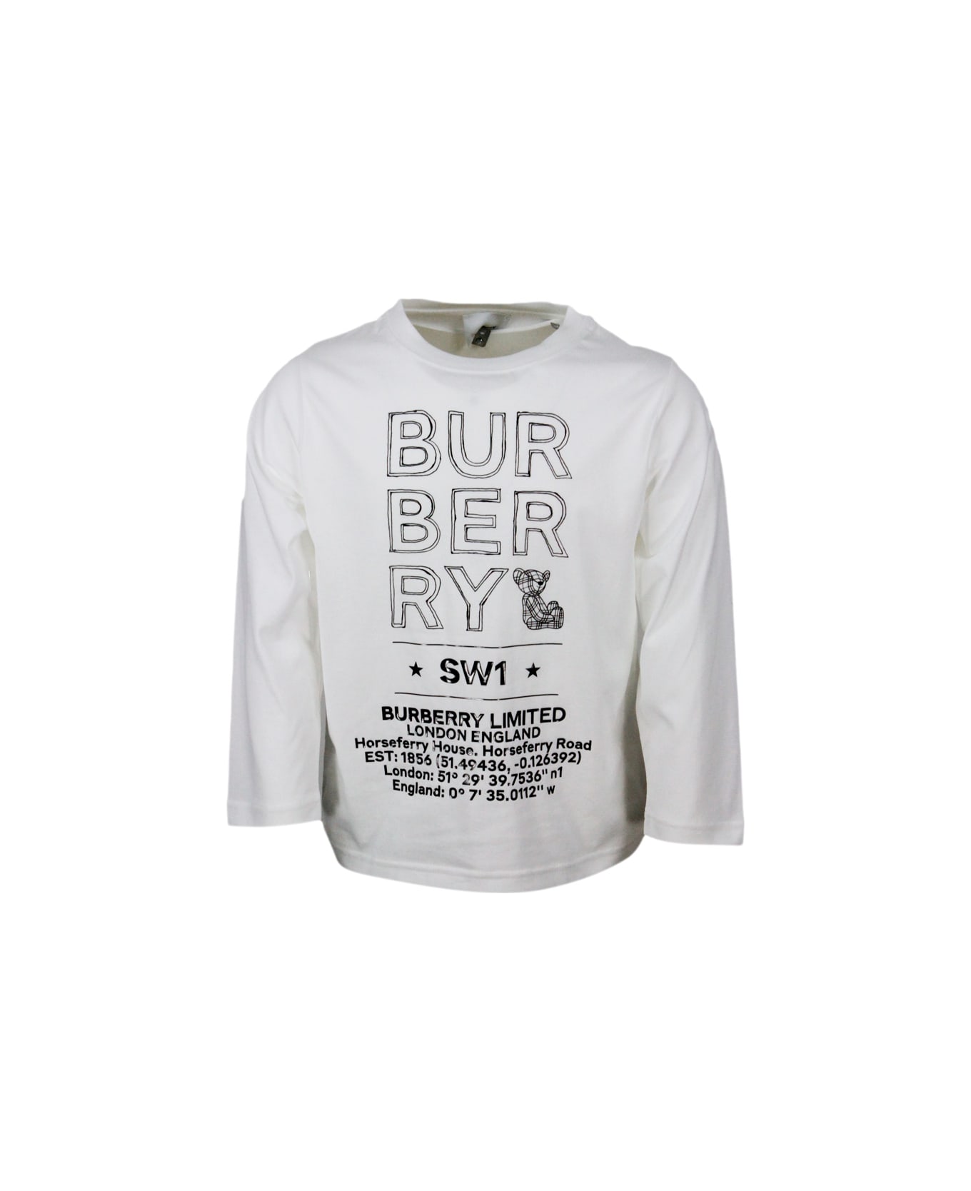 Burberry Long-sleeved Crew-neck T-shirt In Stretch Cotton With Drawn Logo - White