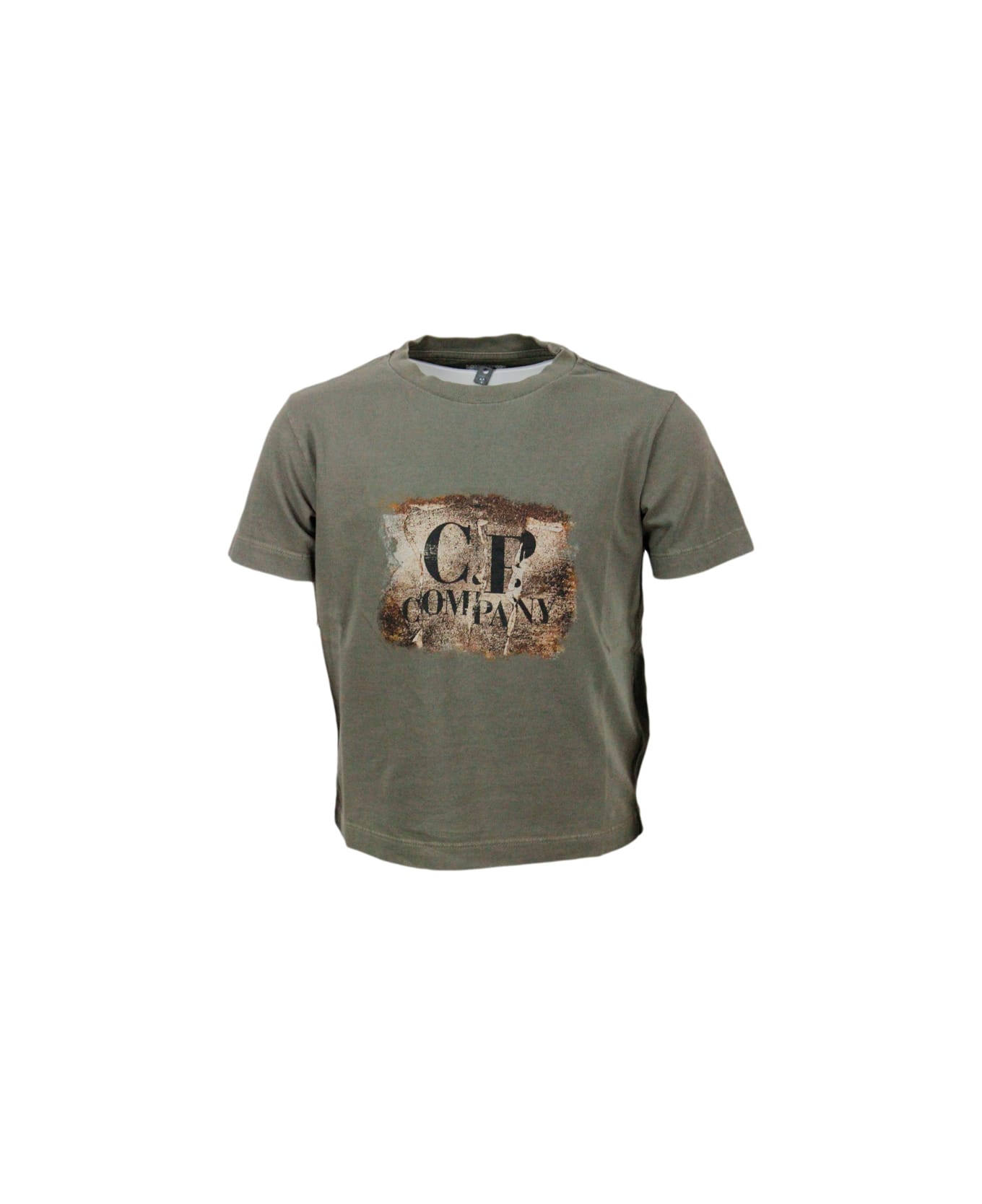 C.P. Company Garment-dyed Cotton Jersey Short-sleeved Crew Neck T-shirt With Logo On The Chest - Military