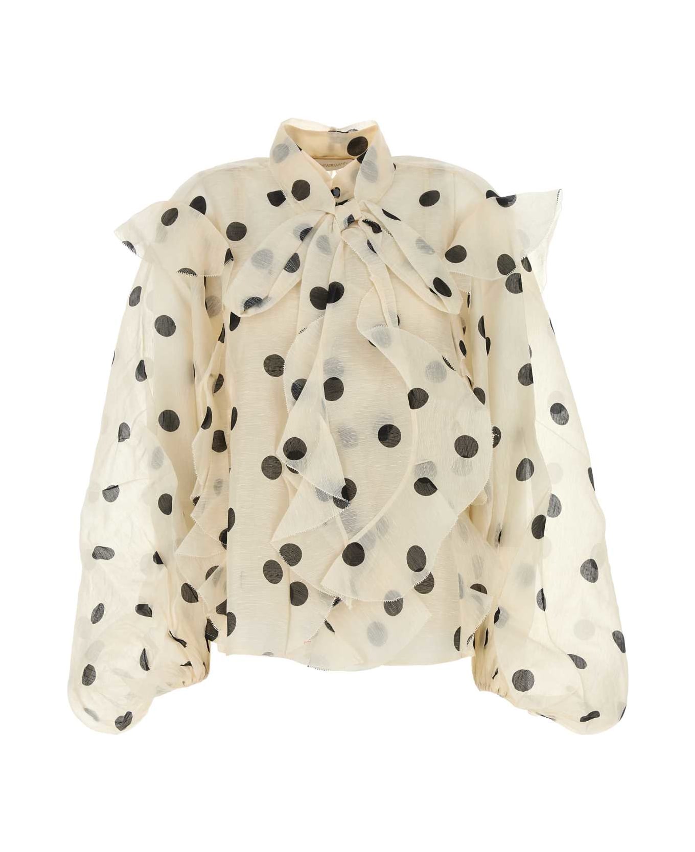 Zimmermann Crush Tie Neck Ruffle Blouse - CREAMBLACKDOT