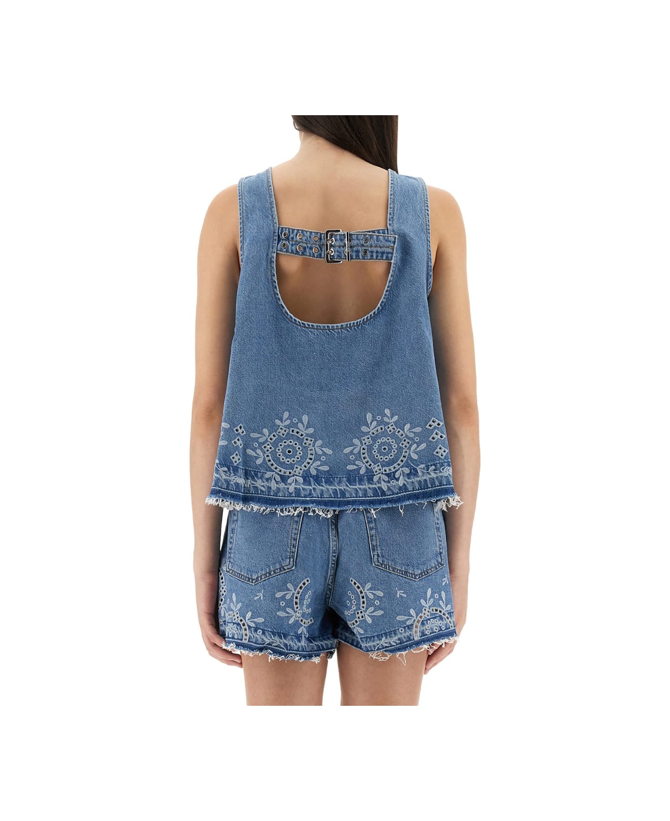 Ganni Top With Sangallo Embroidery - DENIM