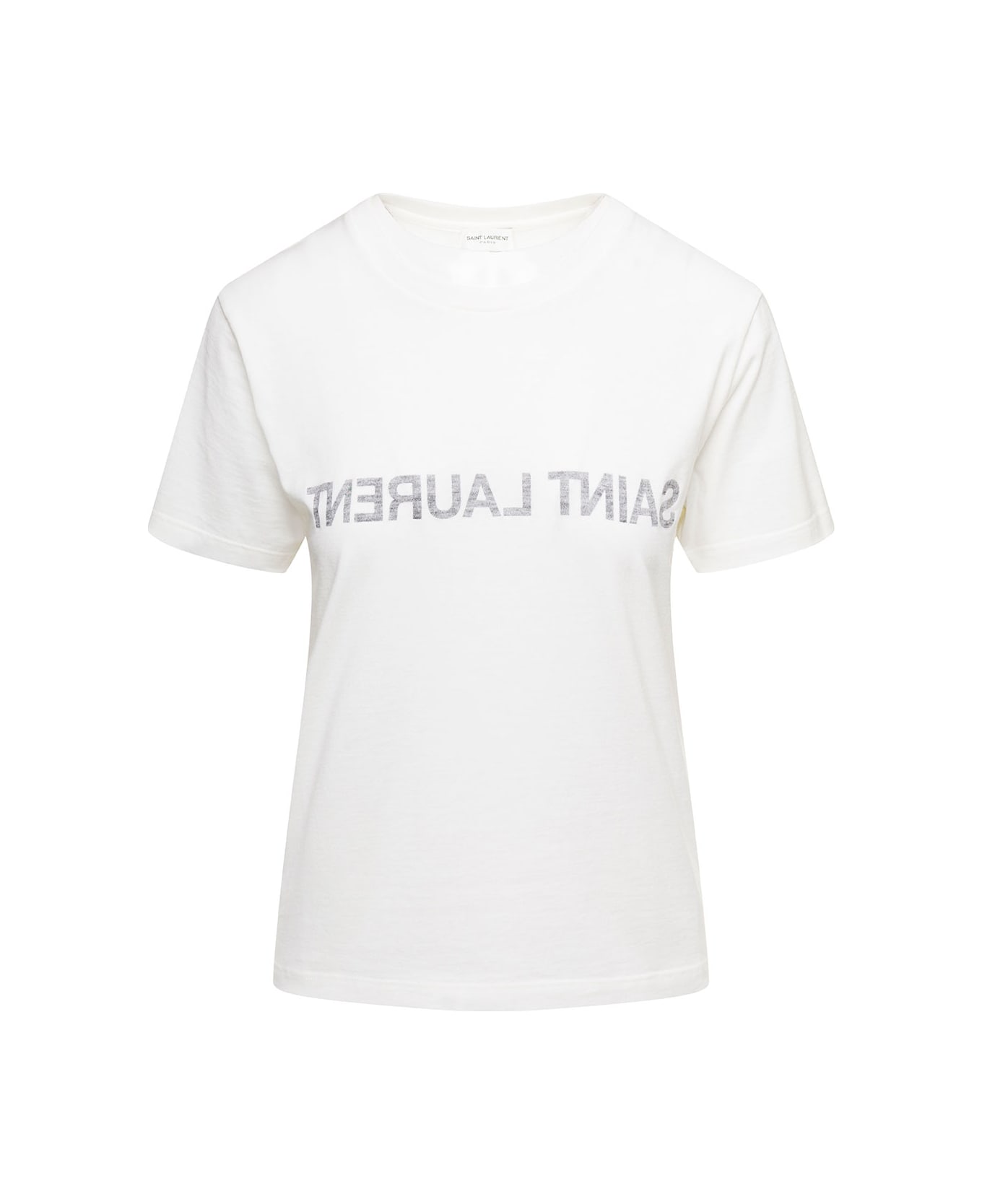 Saint Laurent White Crewneck T-shirt With Reverse Logo In Cotton Woman - White