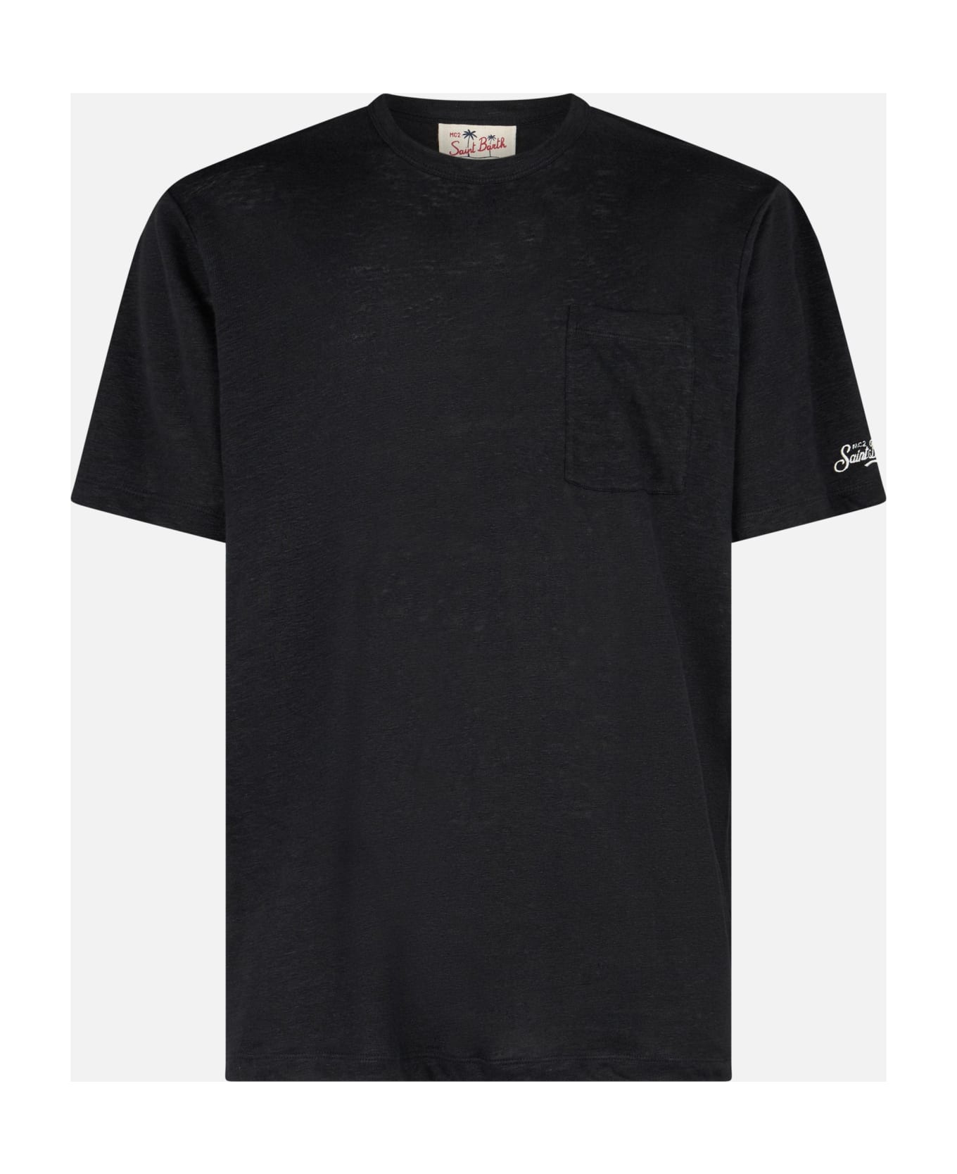 MC2 Saint Barth Man Black Linen Jersey T-shirt Ecstasea With Pocket - BLACK