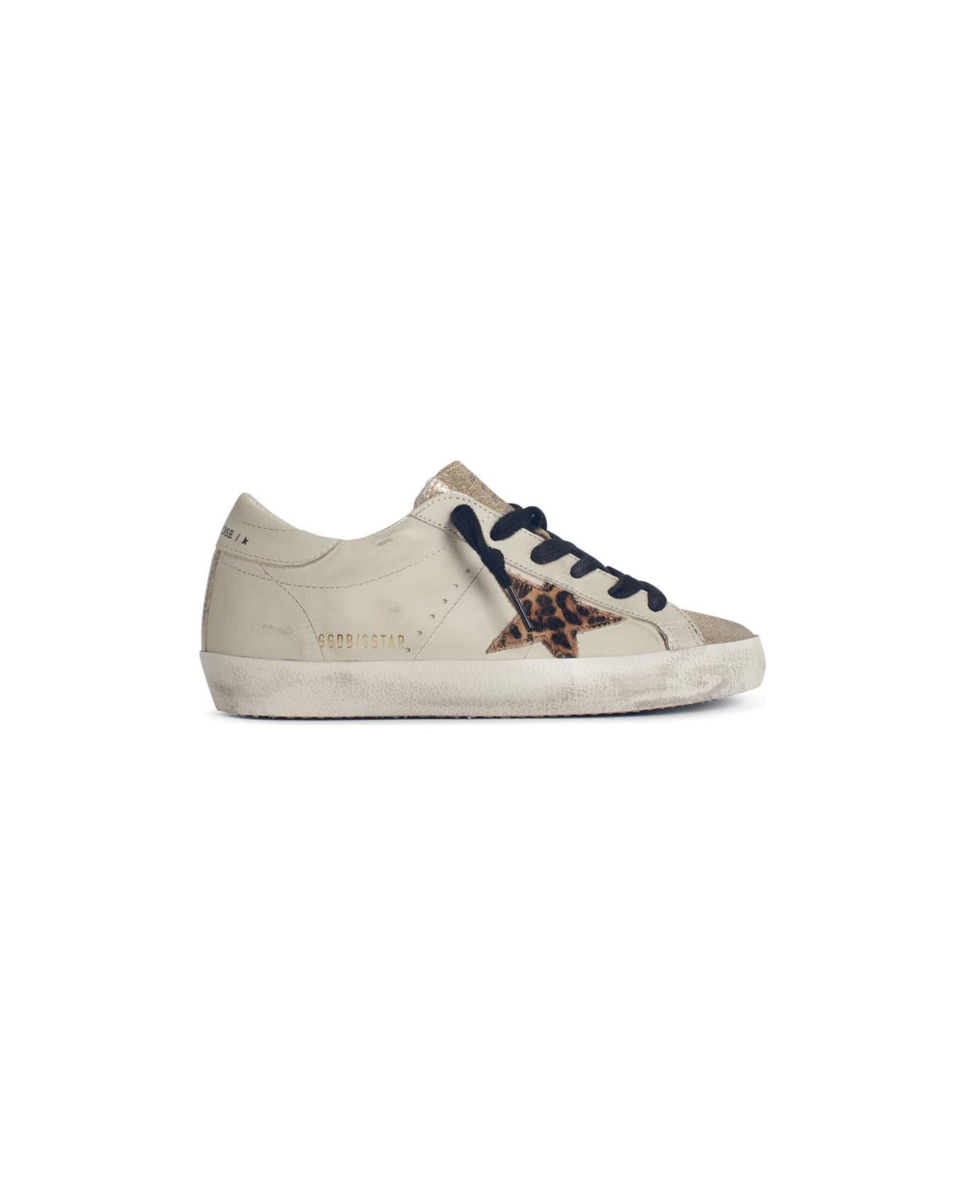 Golden Goose 'super-star' Light Beige Leather Blend Sneakers With Leopard Pony Hair Star - Bianco