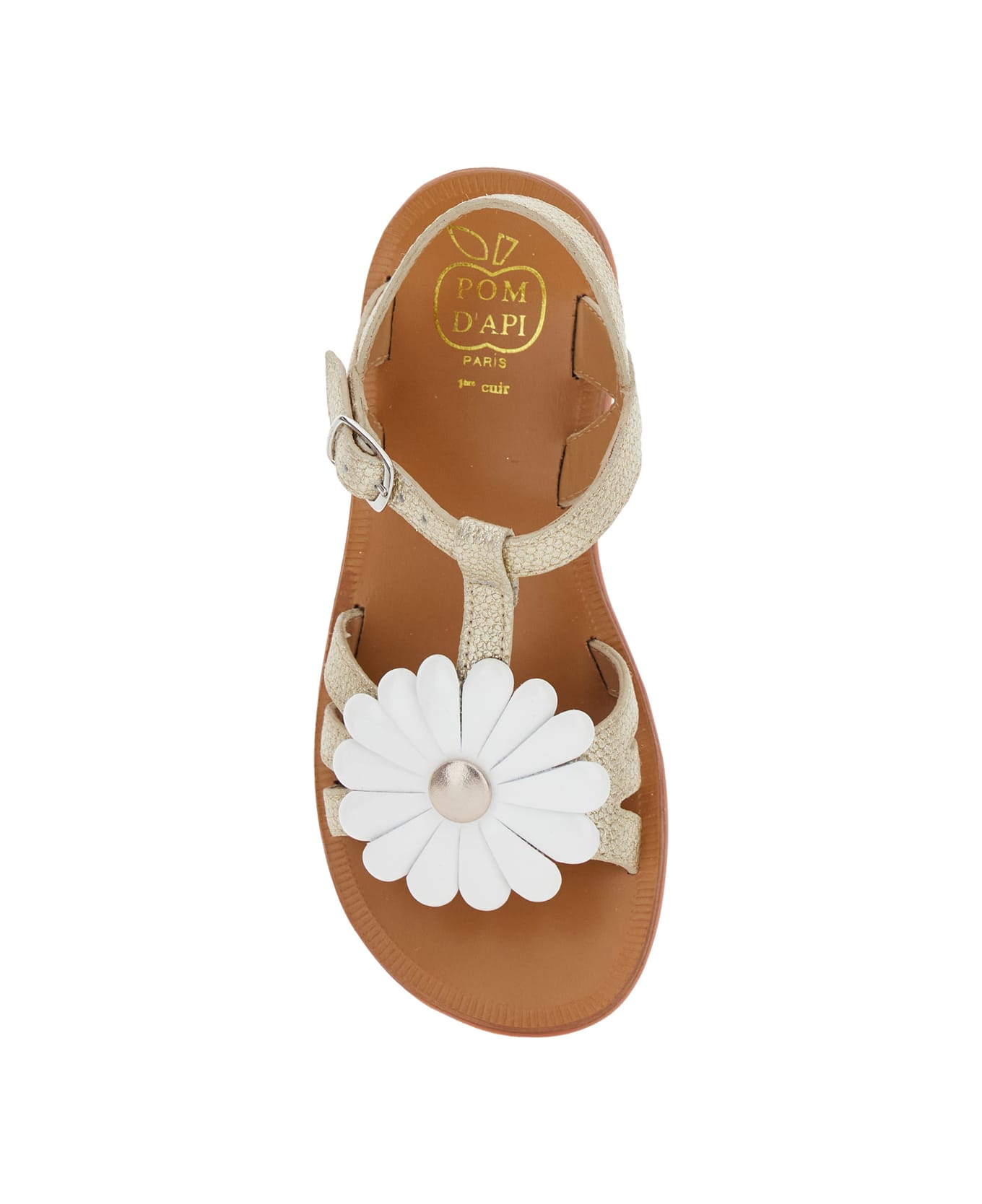 Pom d
Api 
plagette
 Metallic Open Toe Sandals With Daisy Flower Application On Front In Leather Girl - Metallic