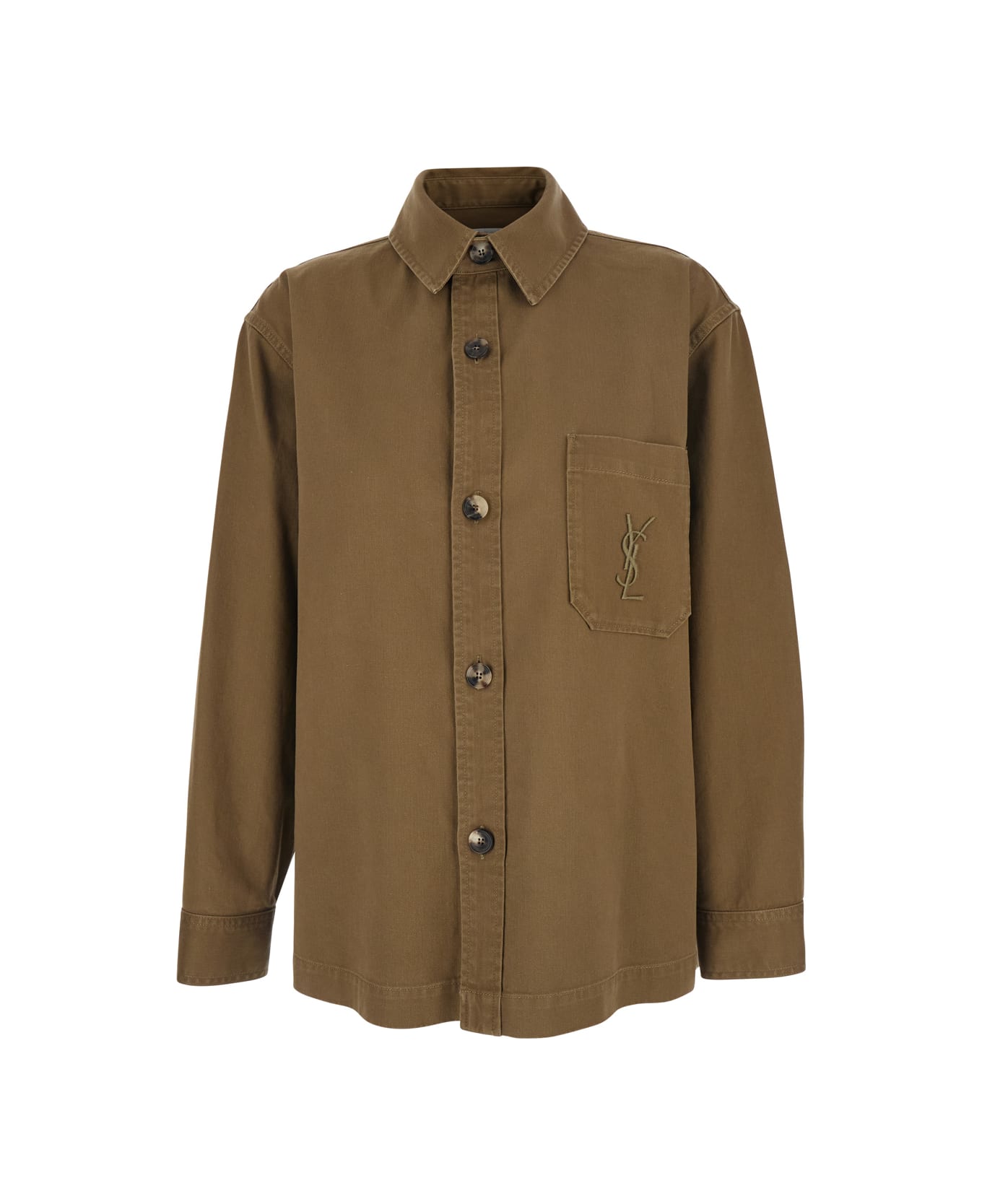 Saint Laurent Beige Shirt With Classic Collar And Cassandre Logo Embroidered On The Front In Cotton And Linen Gabardine Woman - Beige