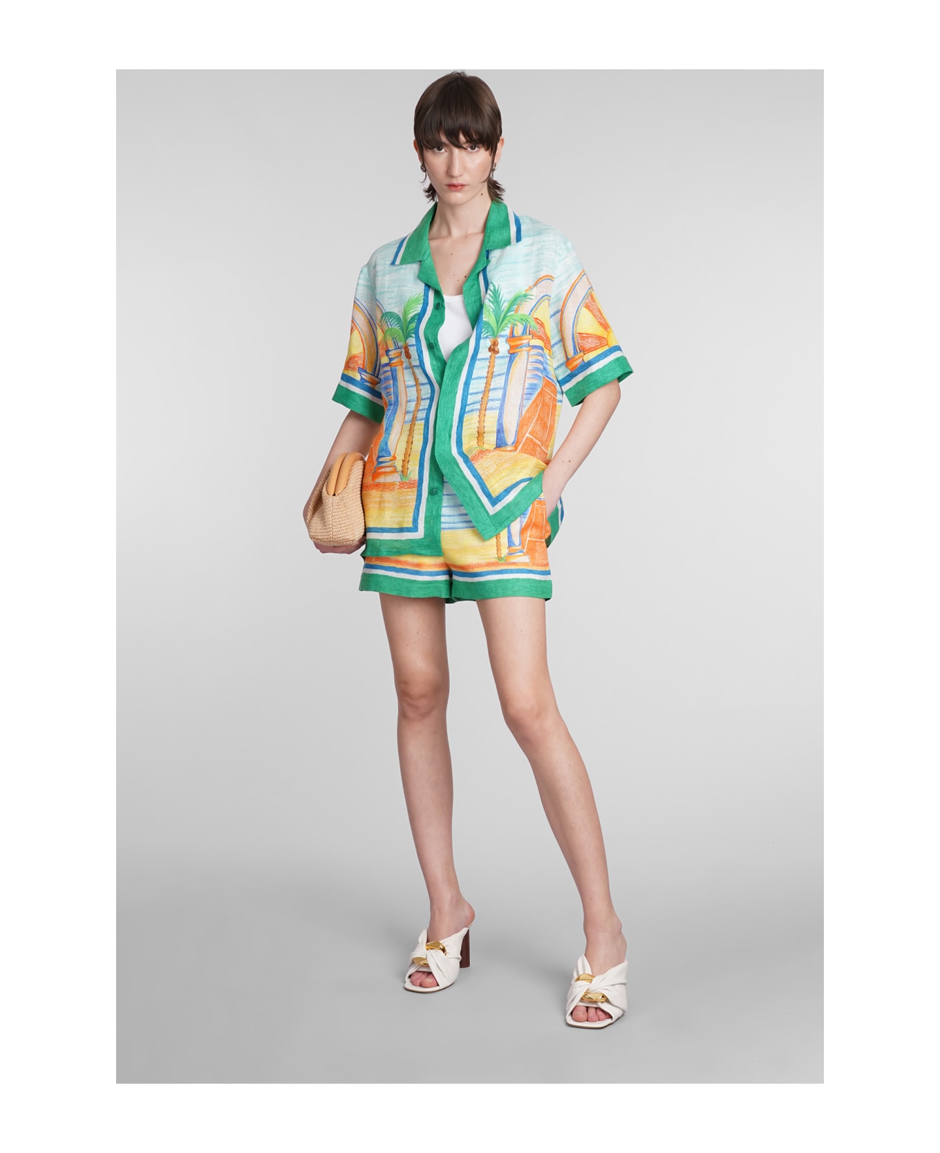 Casablanca Shorts In Cyan Linen - Multicolore