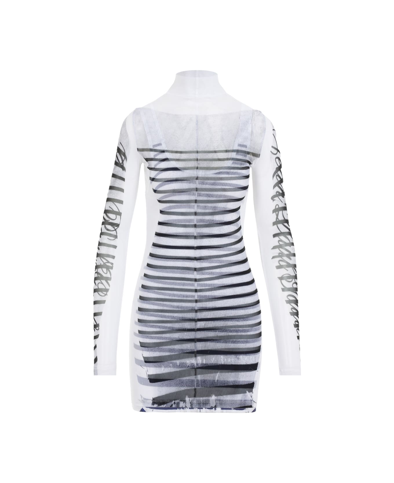 Jean Paul Gaultier Spandex Mesh Printed Feathers Mariniere Mini Dress - White Navy Black