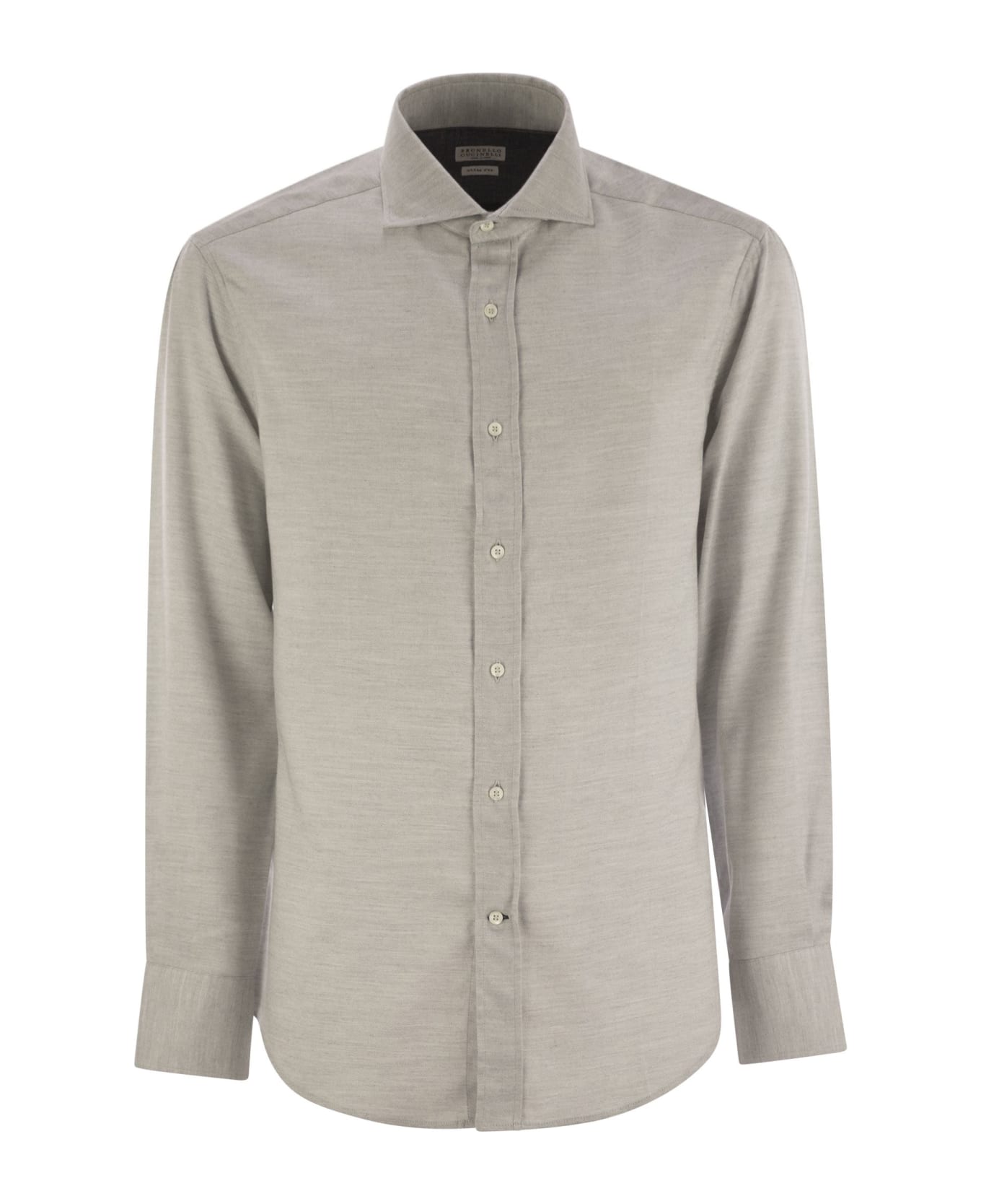 Brunello Cucinelli Slim Fit Stretch Cotton Flannel Chevron Shirt With French Collar - Grey