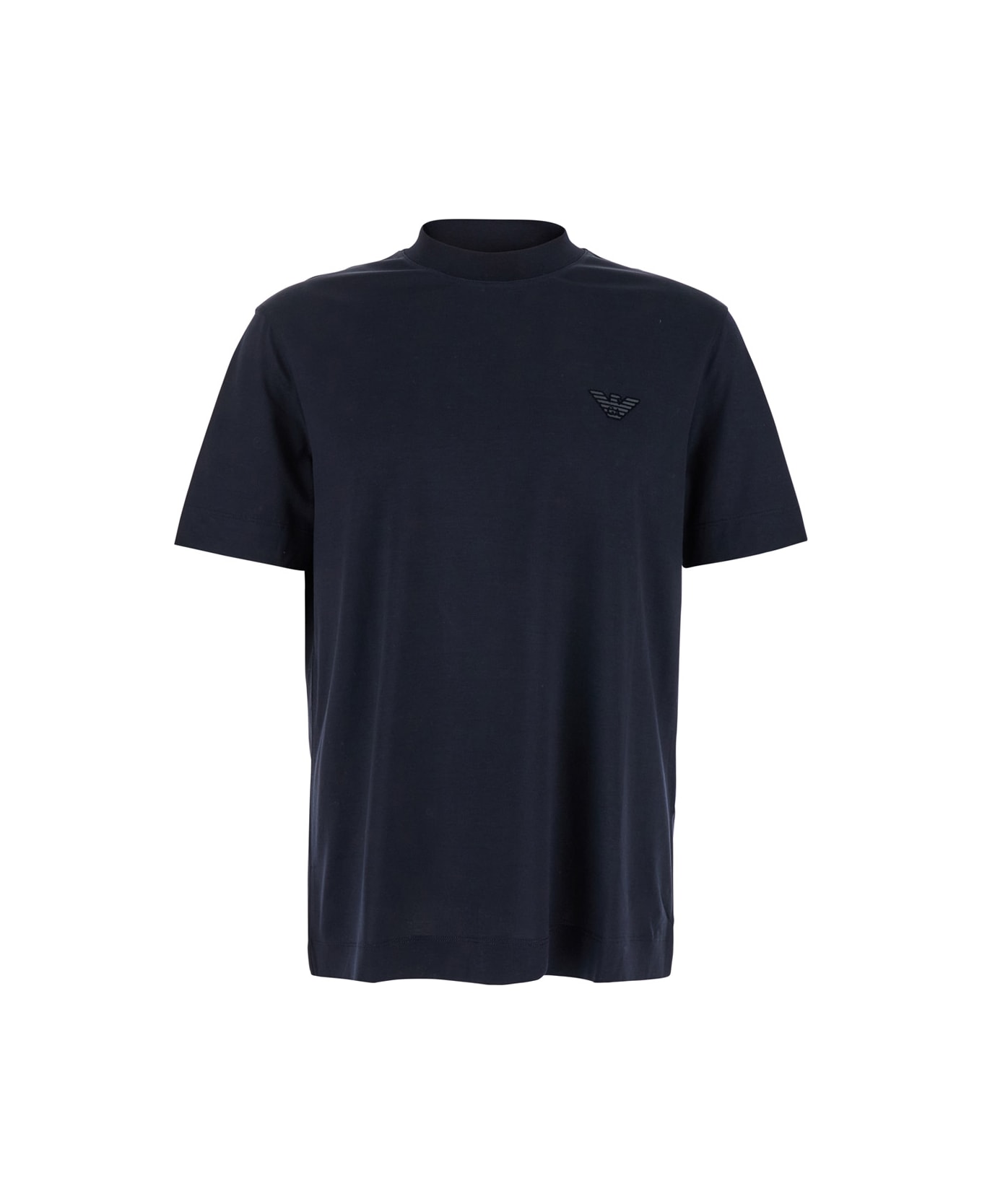 Emporio Armani Black Crewneck T-shirt With Tonal Logo Embroidery In Cotton Blend Man - Blu