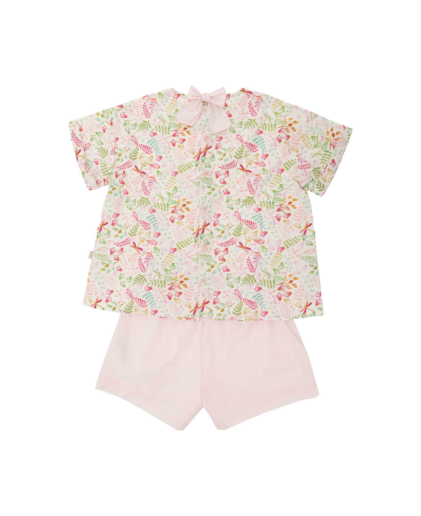 Il Gufo Pink T-shirt And Shorts With Flower Print And Bow Detail In Cotton Girl - Pink ジャンプスーツ