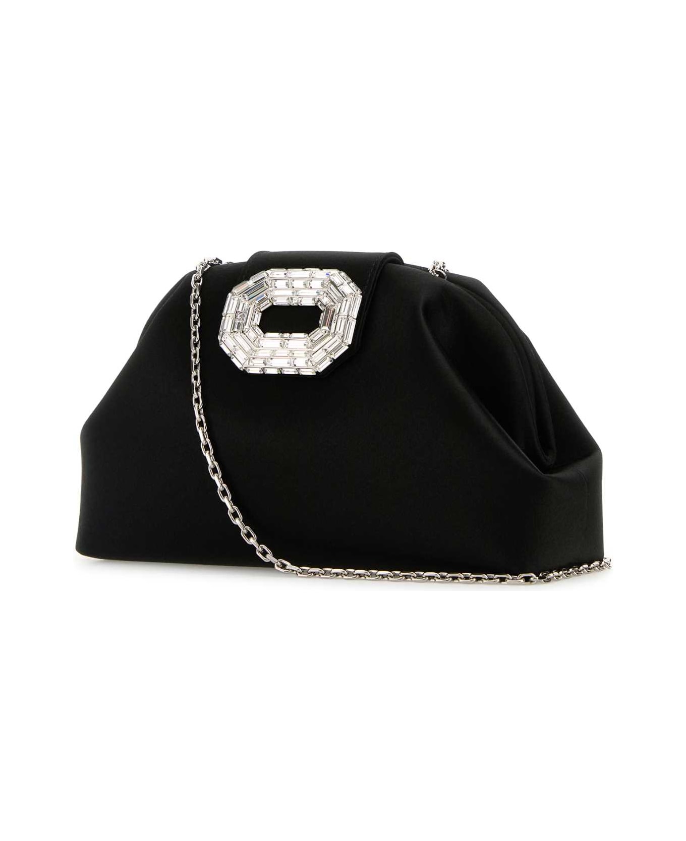 Amina Muaddi Black Satin Camelia Clutch - SATINBLACKSILVERHARDWARE