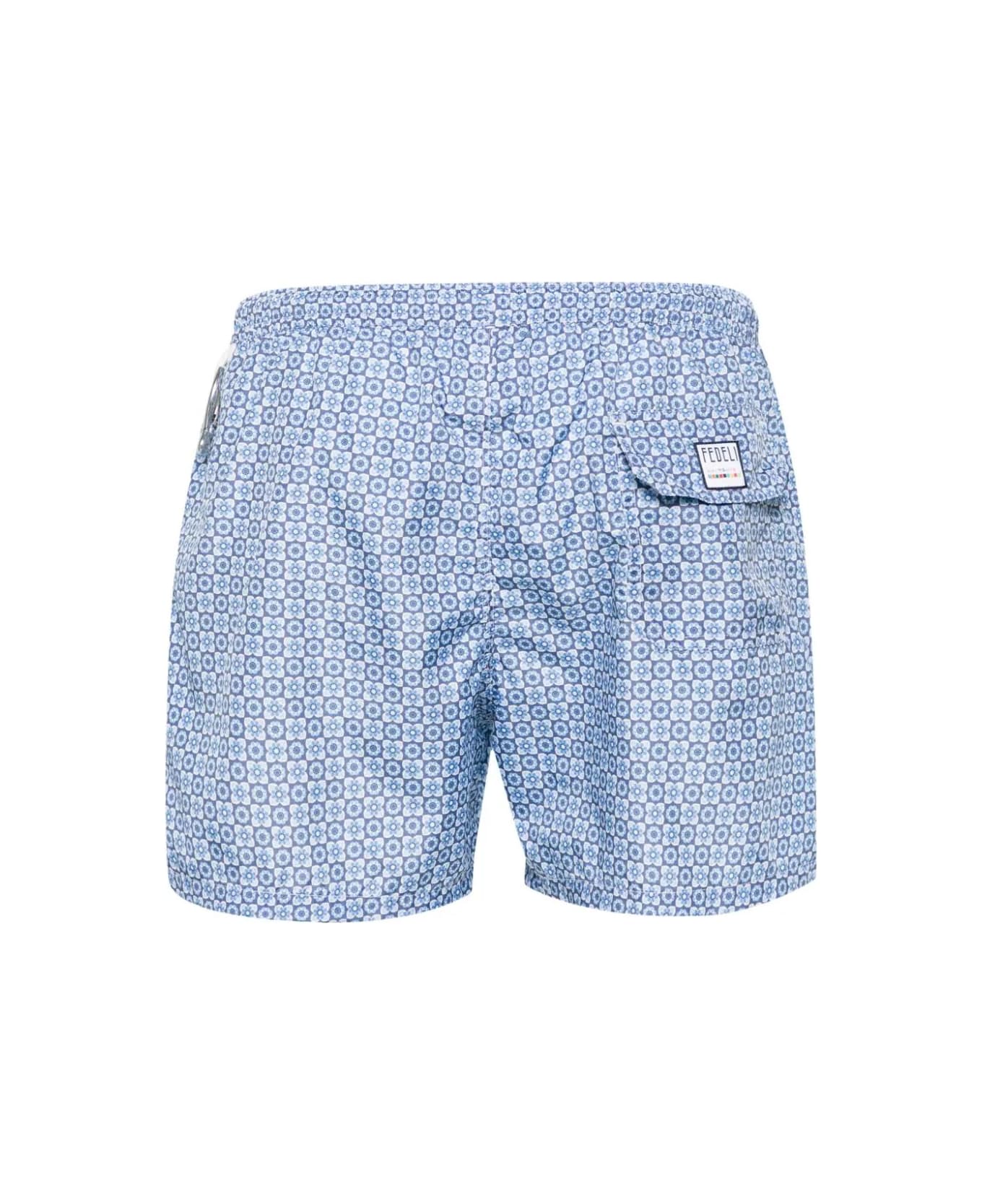 Fedeli Blue Swim Shorts With Flower Pattern - Blue スイムトランクス