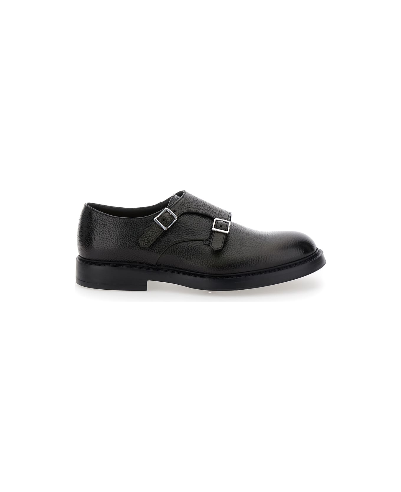 Doucal's Black Monks Shoes With Double Buckle In Hammered Leather Man - Black