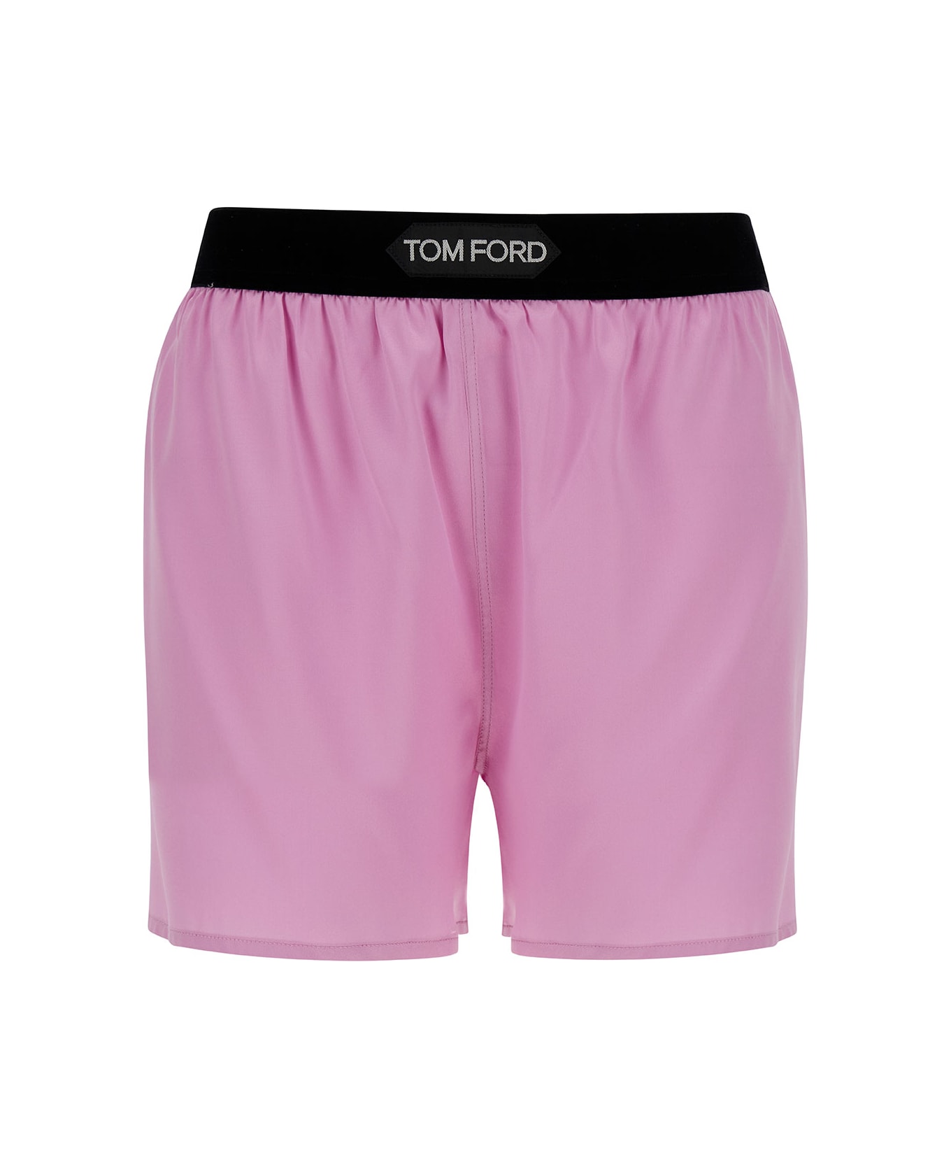Tom Ford Pink Satin Shorts With Logo On Waistband In Stretch Silk Woman - Pink