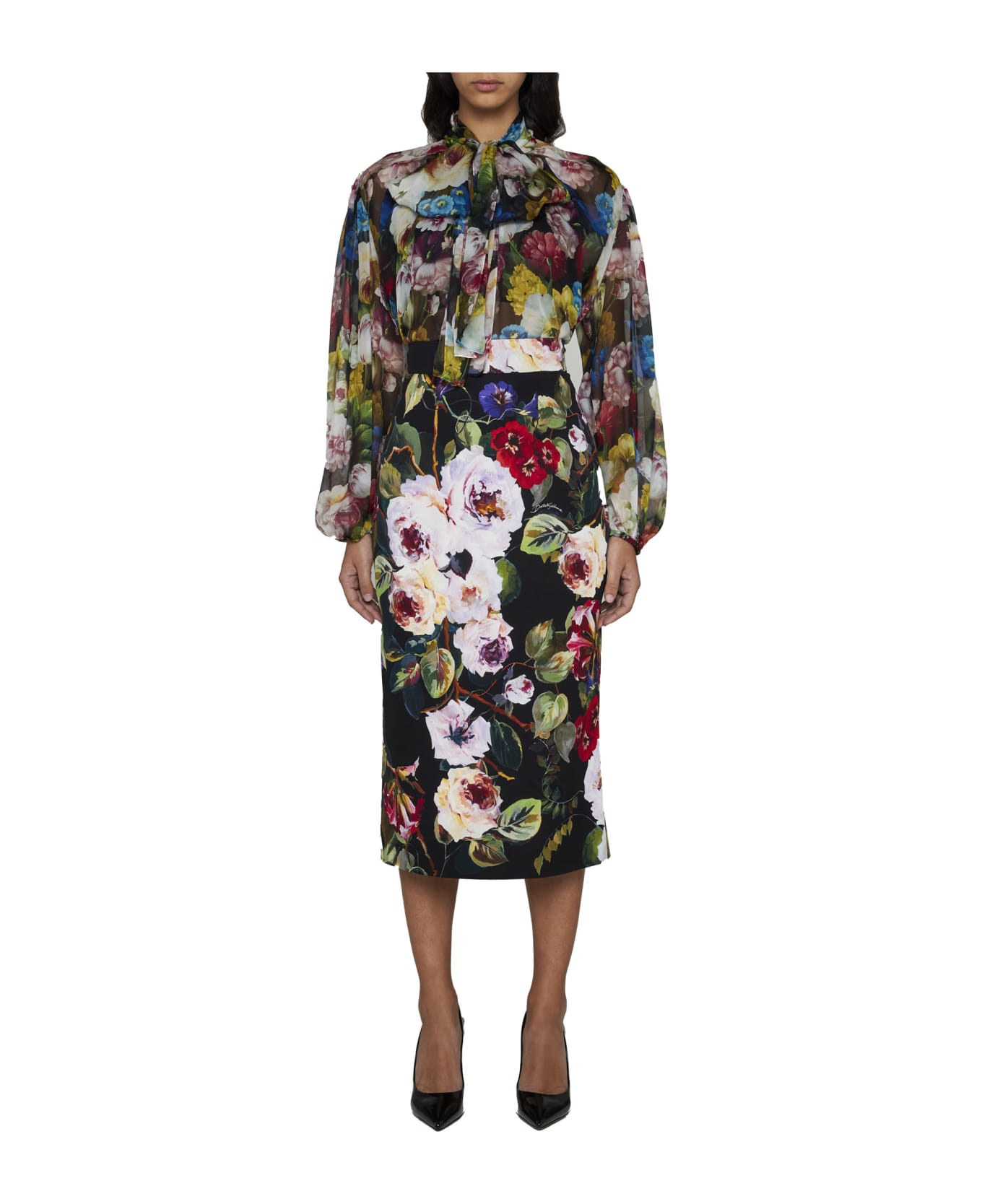Dolce & Gabbana Printed Silk Midi Skirt - Ya Black Rose