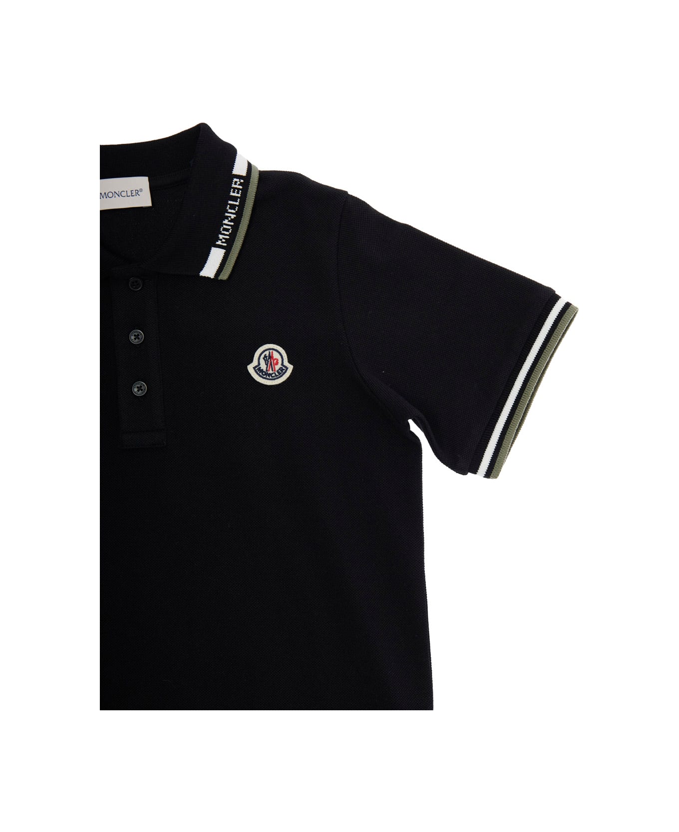 Moncler Black Polo Shirt With Bicolor Collar And Logo Patch On The Front In Cotton Boy - Black