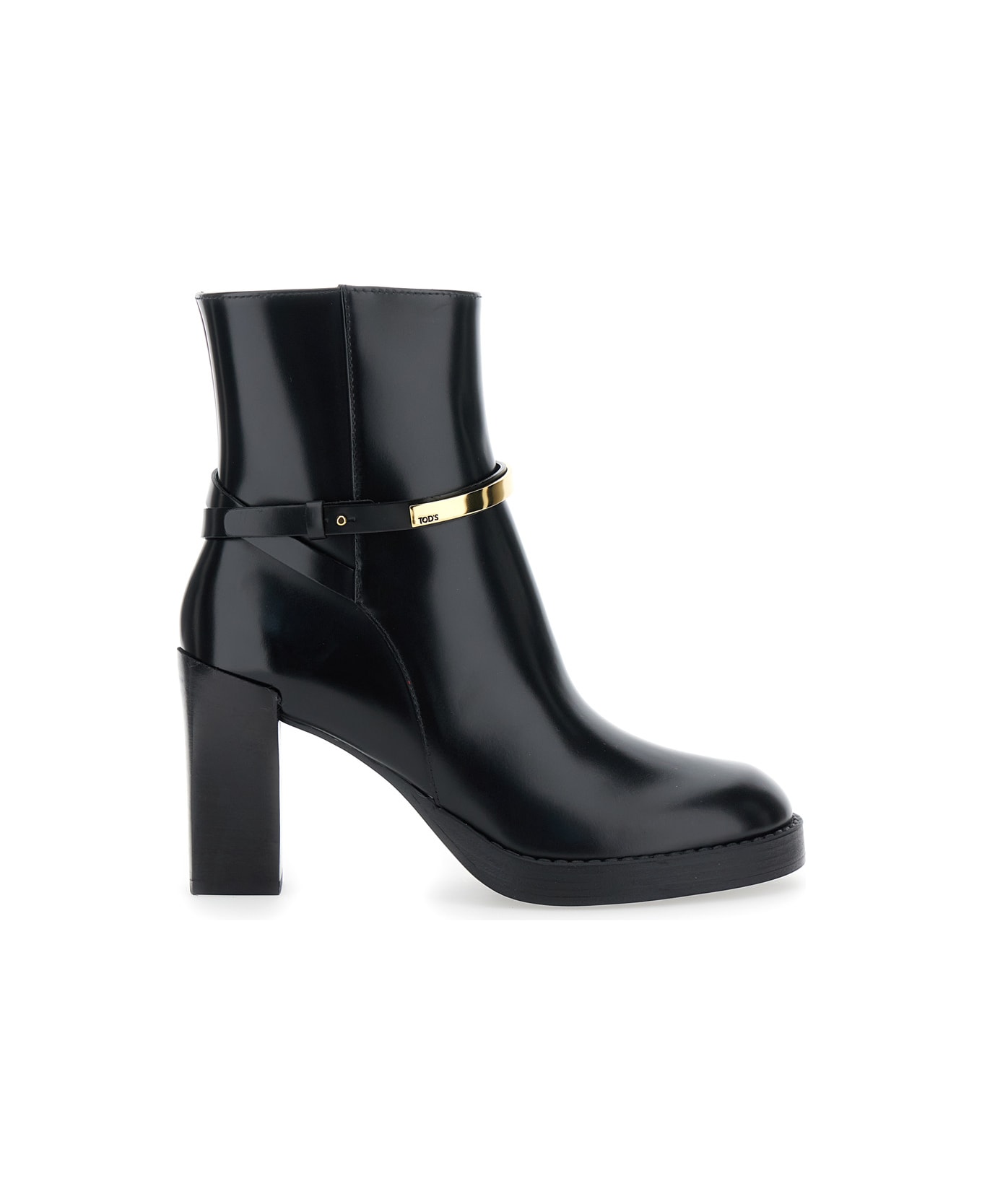 Tod
s Black Ankle Boots With High Block Heel And Gold Metal Detail In Leather Woman - Black