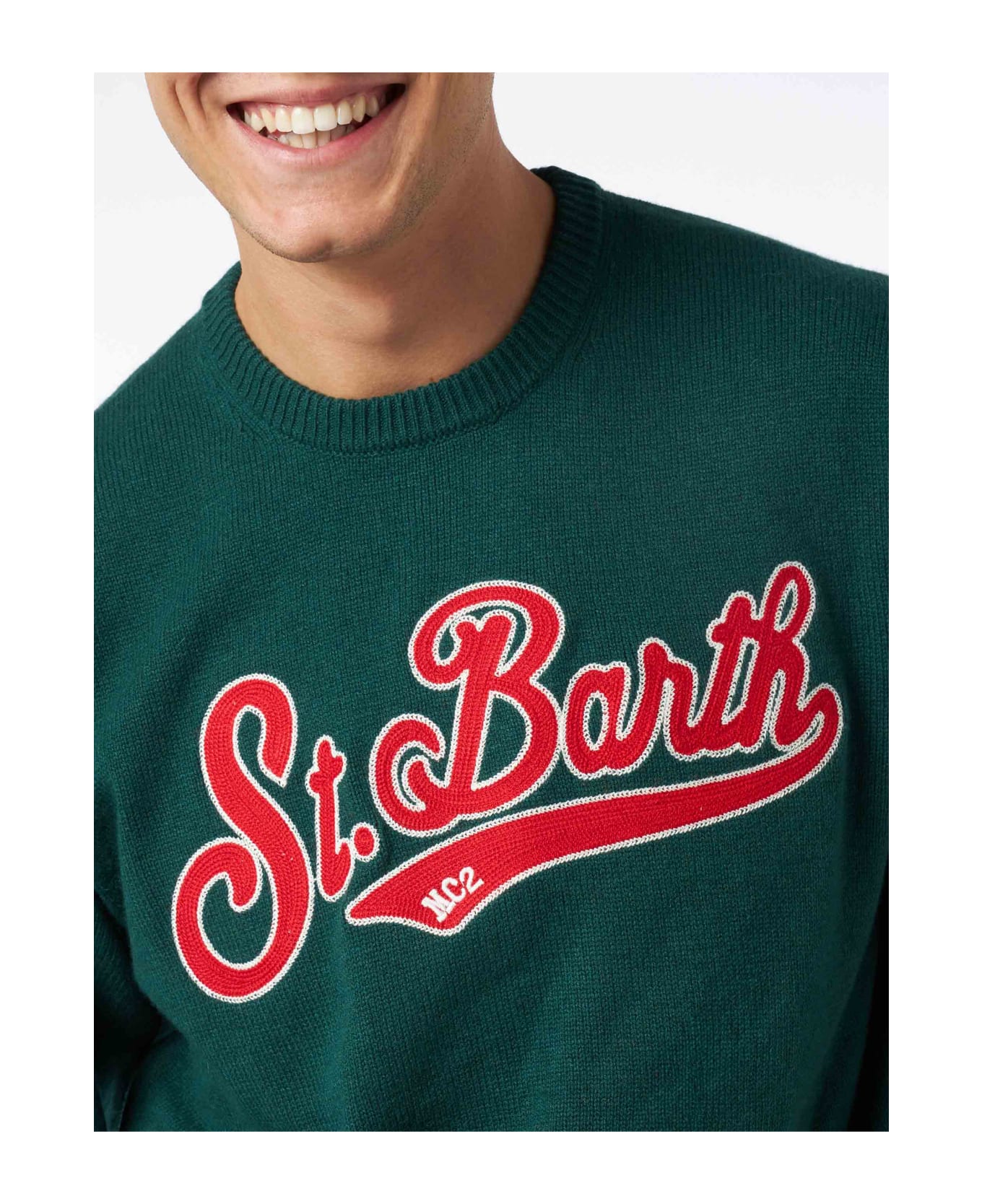 MC2 Saint Barth Man Crewneck Green Sweater With St. Barth Embroidery - GREEN