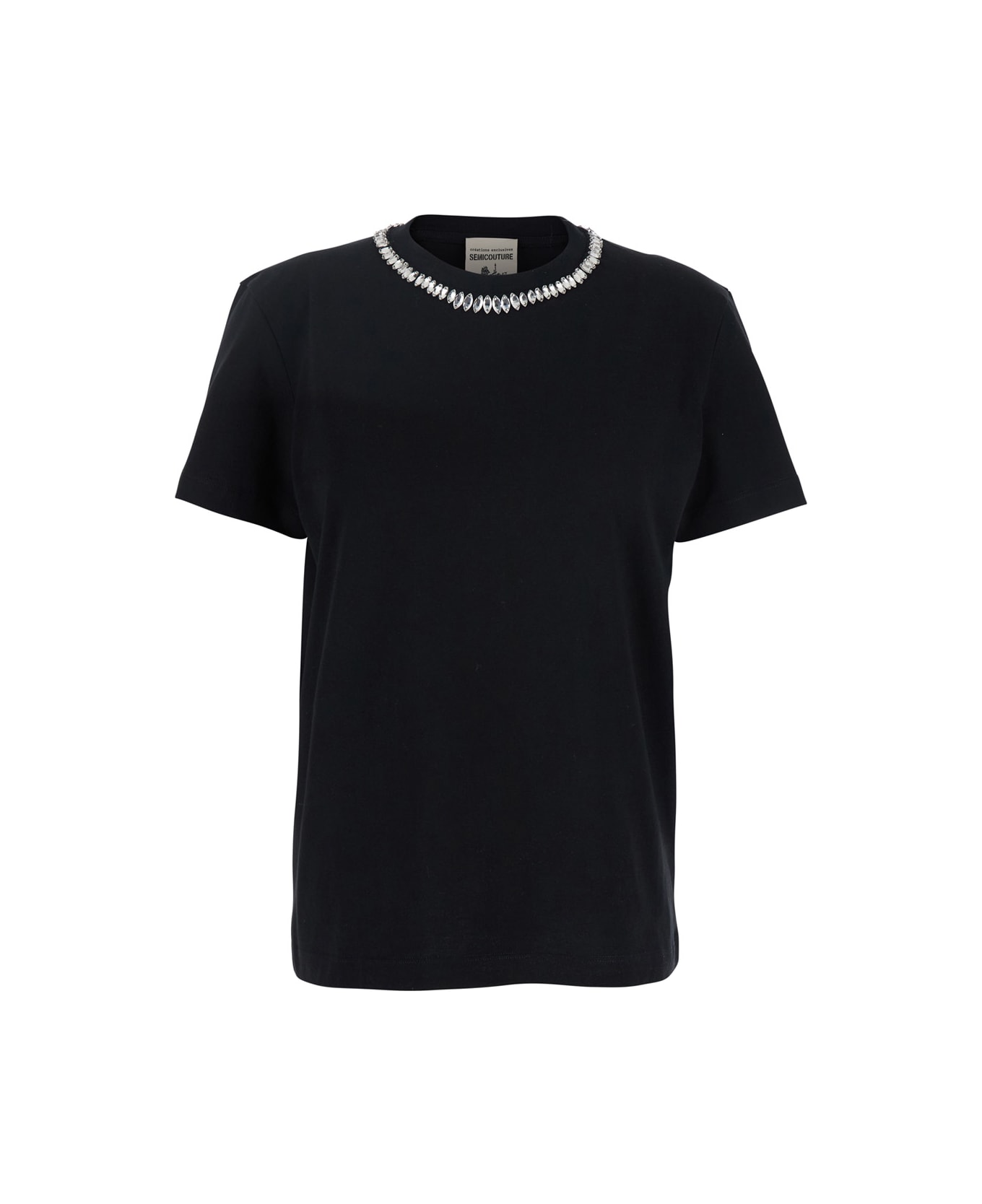 SEMICOUTURE Black Round Neck T-shirt With Metallic Decorations In Cotton Woman - Black