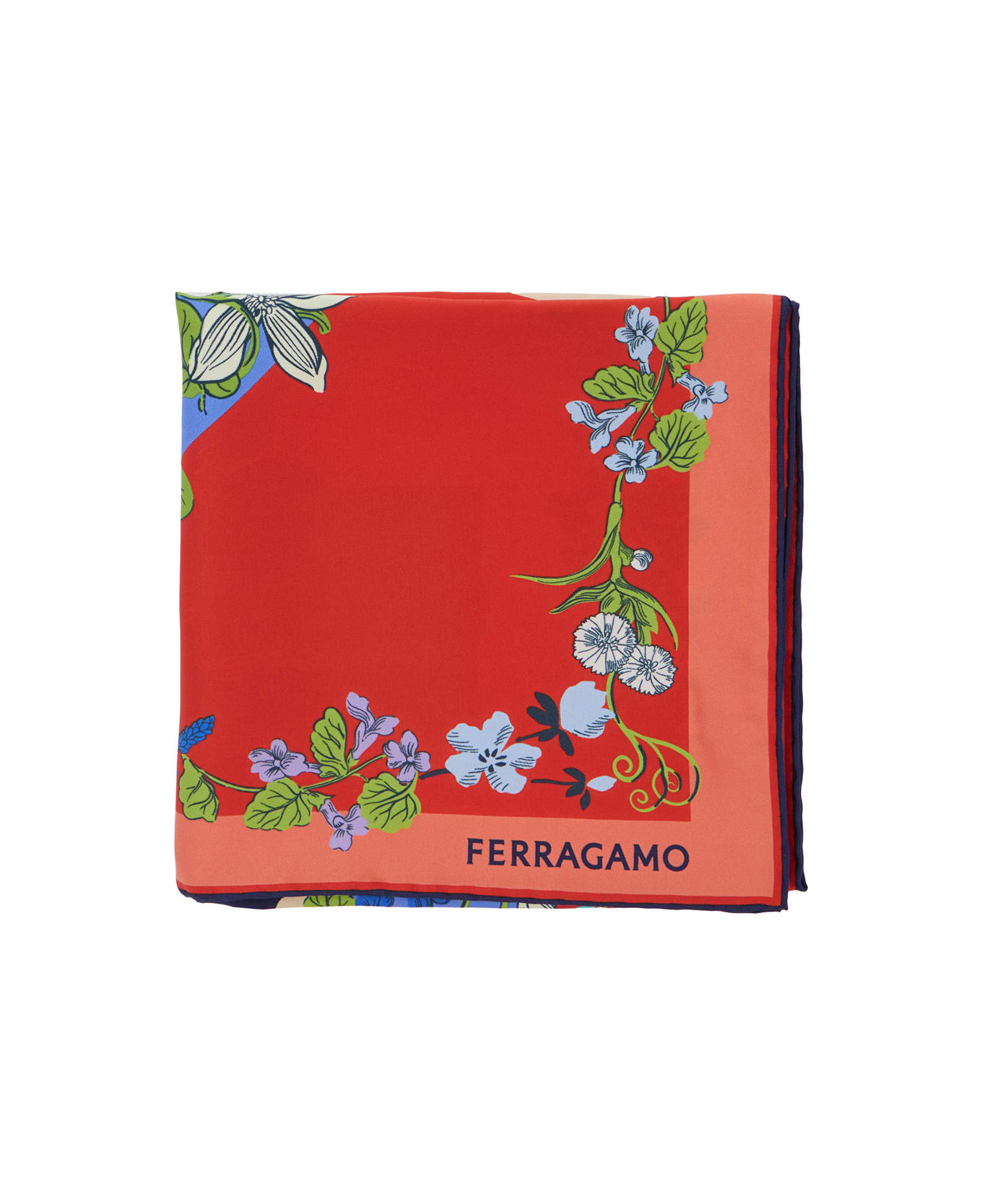 Ferragamo Red Scarf With Floral Print And Logo Lettering In Silk Woman - Red