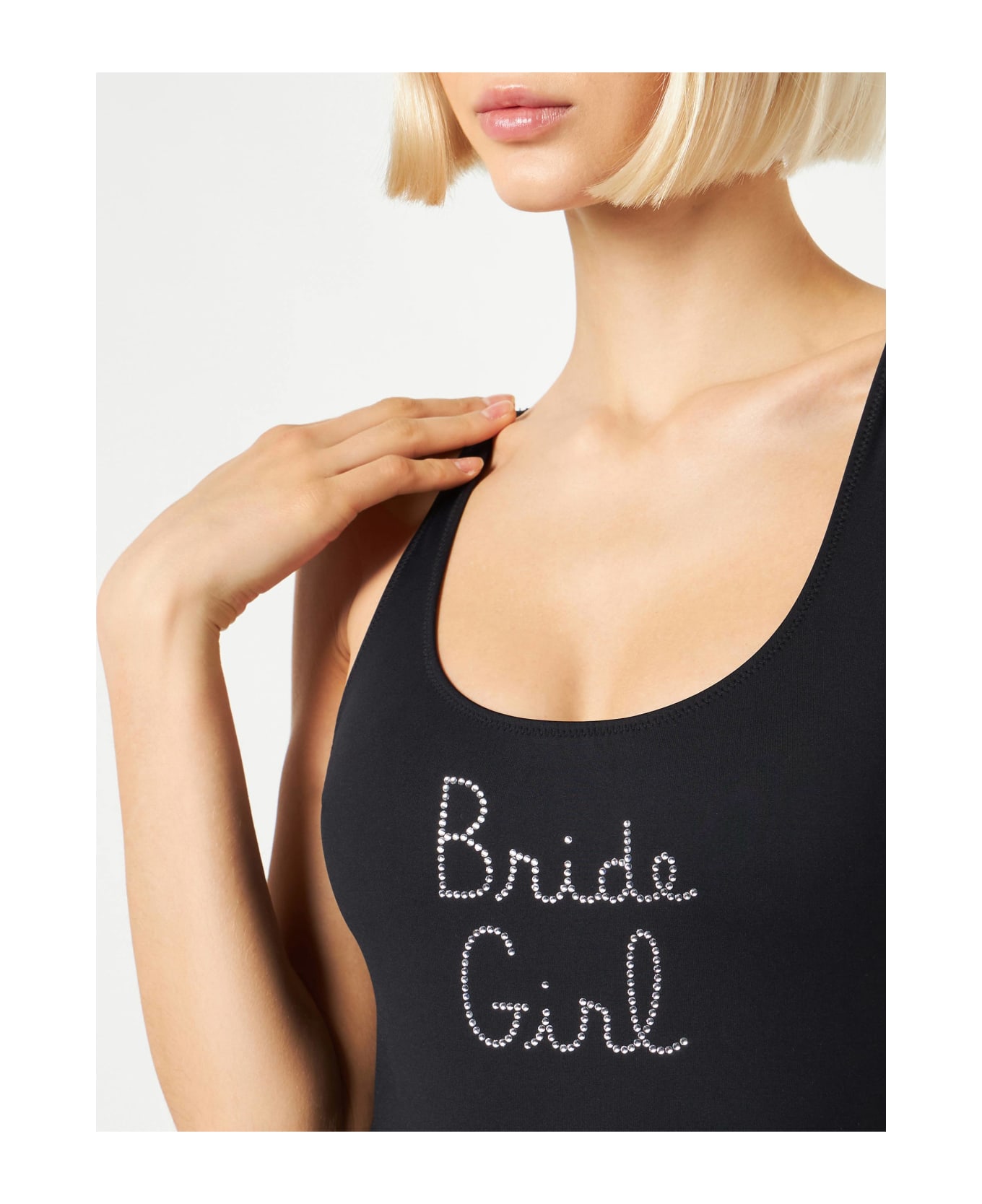 MC2 Saint Barth Woman One Piece Swimsuit With Bride Girl Rhinestone Embroidery - BLACK
