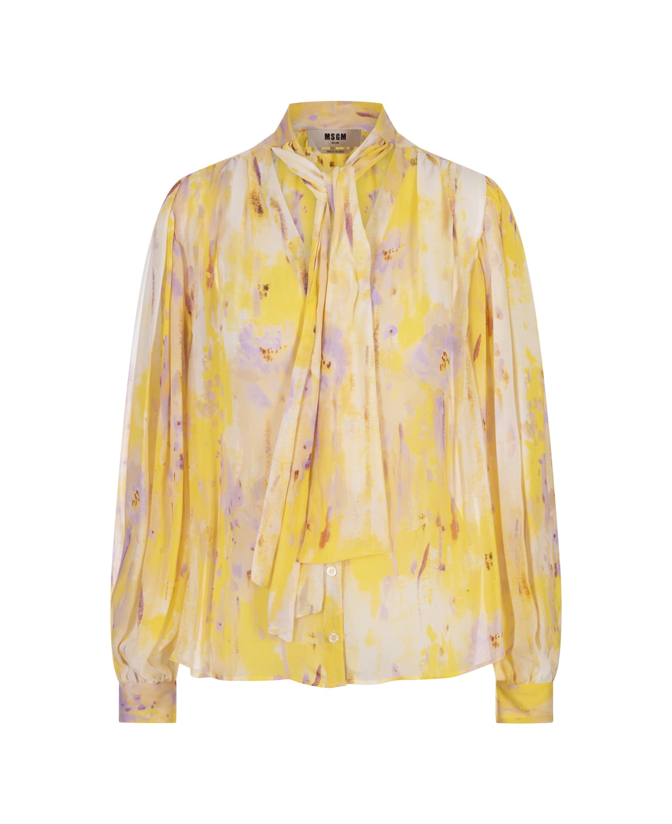 MSGM Bow Shirt In Georgette With "artsy Flower" Print - Yellow