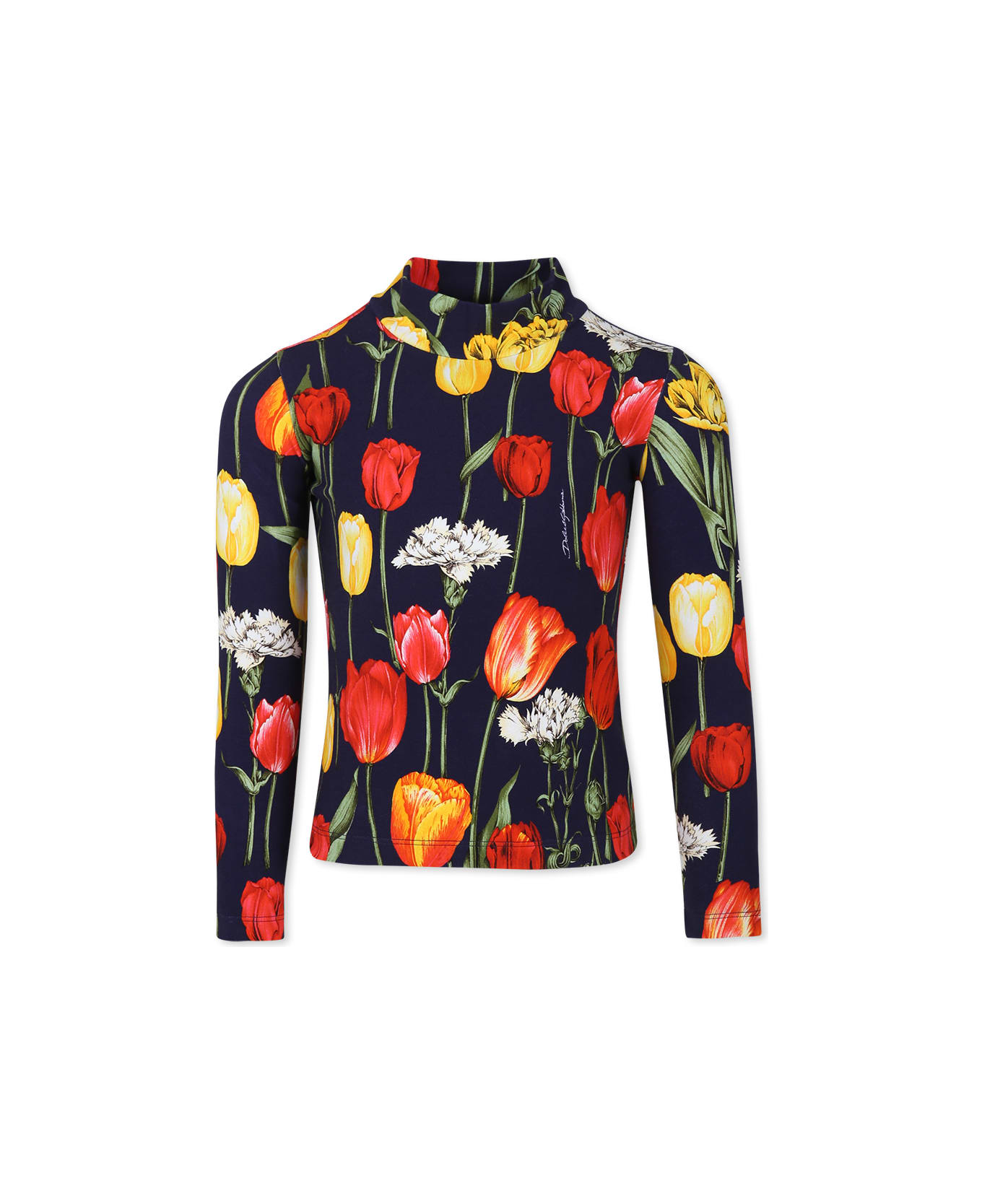 Dolce & Gabbana Blue Turtle-neck With Tulip Print For Girl - Blue