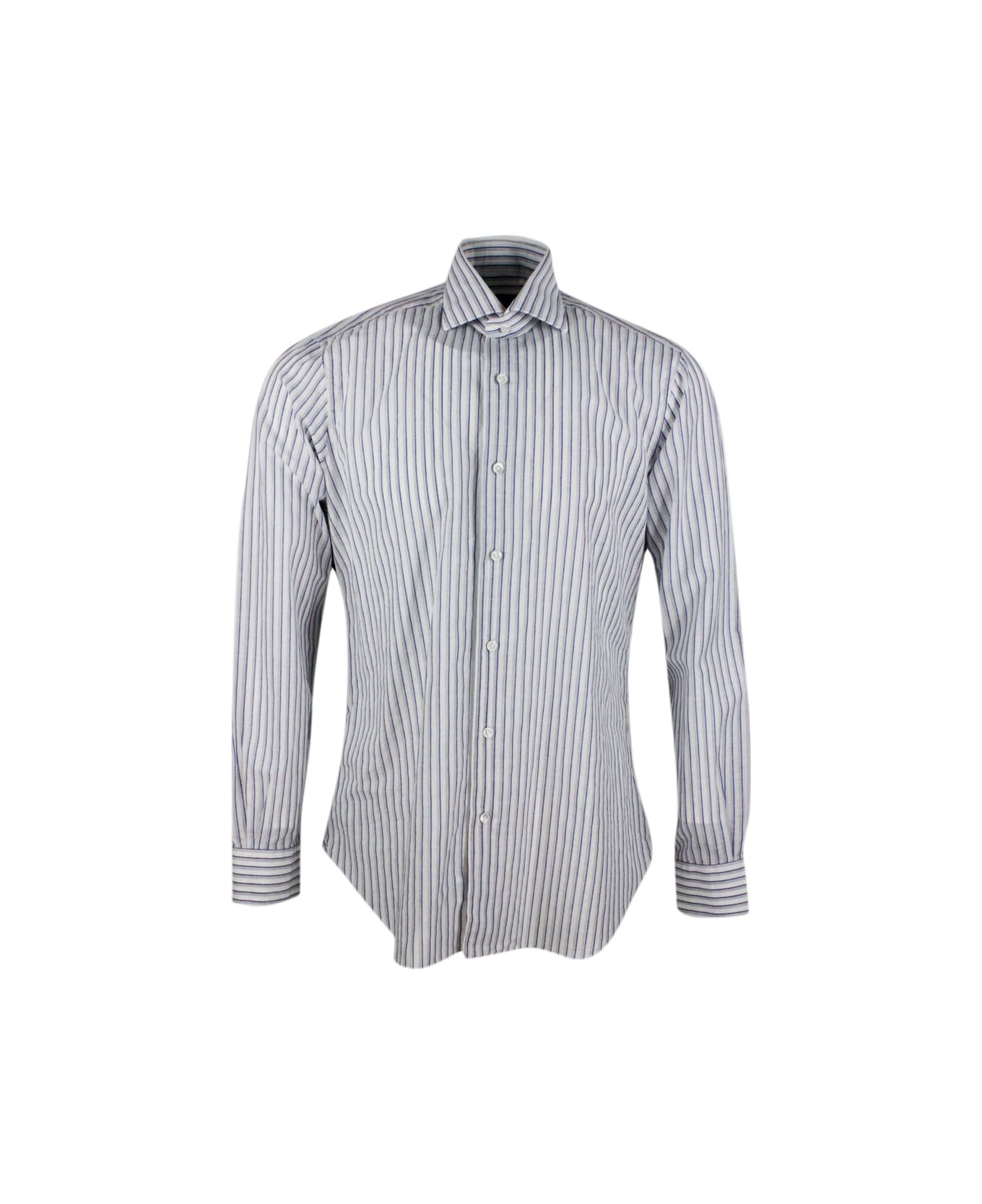 Barba Napoli Long-sleeved Cult Shirt With French Collar With Gray And Blue Stripes On A White Base In Cotton And Linen - White